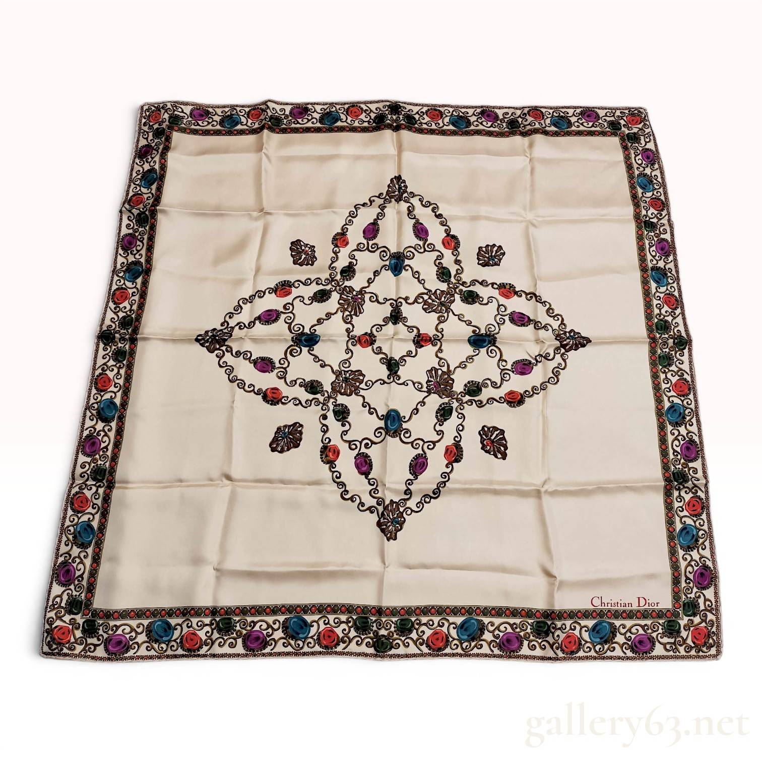 Christian Dior Jeweled Medallion Print Pure Silk Scarf Made in Italy