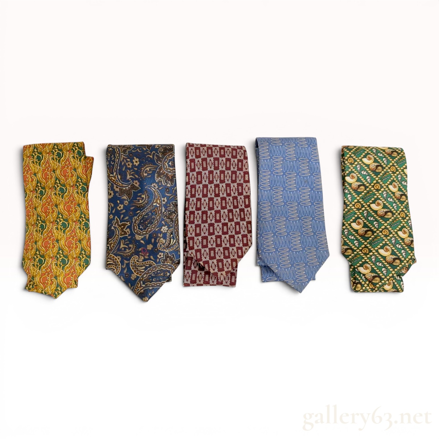 Lot of Five Designer Silk Neckties Including Christian Dior, Gucci, and Burberrys