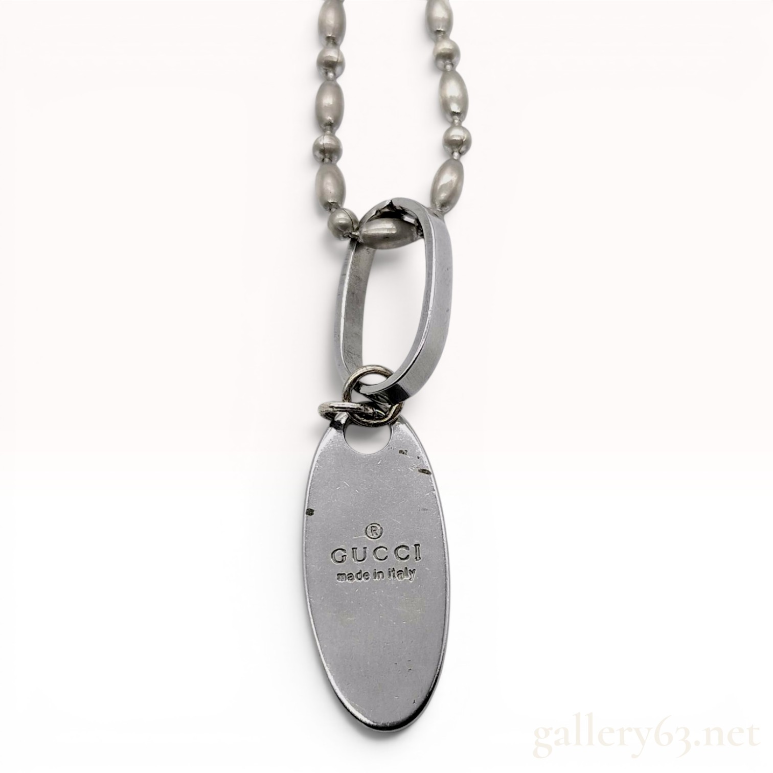 Gucci Trademark Sterling Silver Oval Tag Pendant Necklace with Box