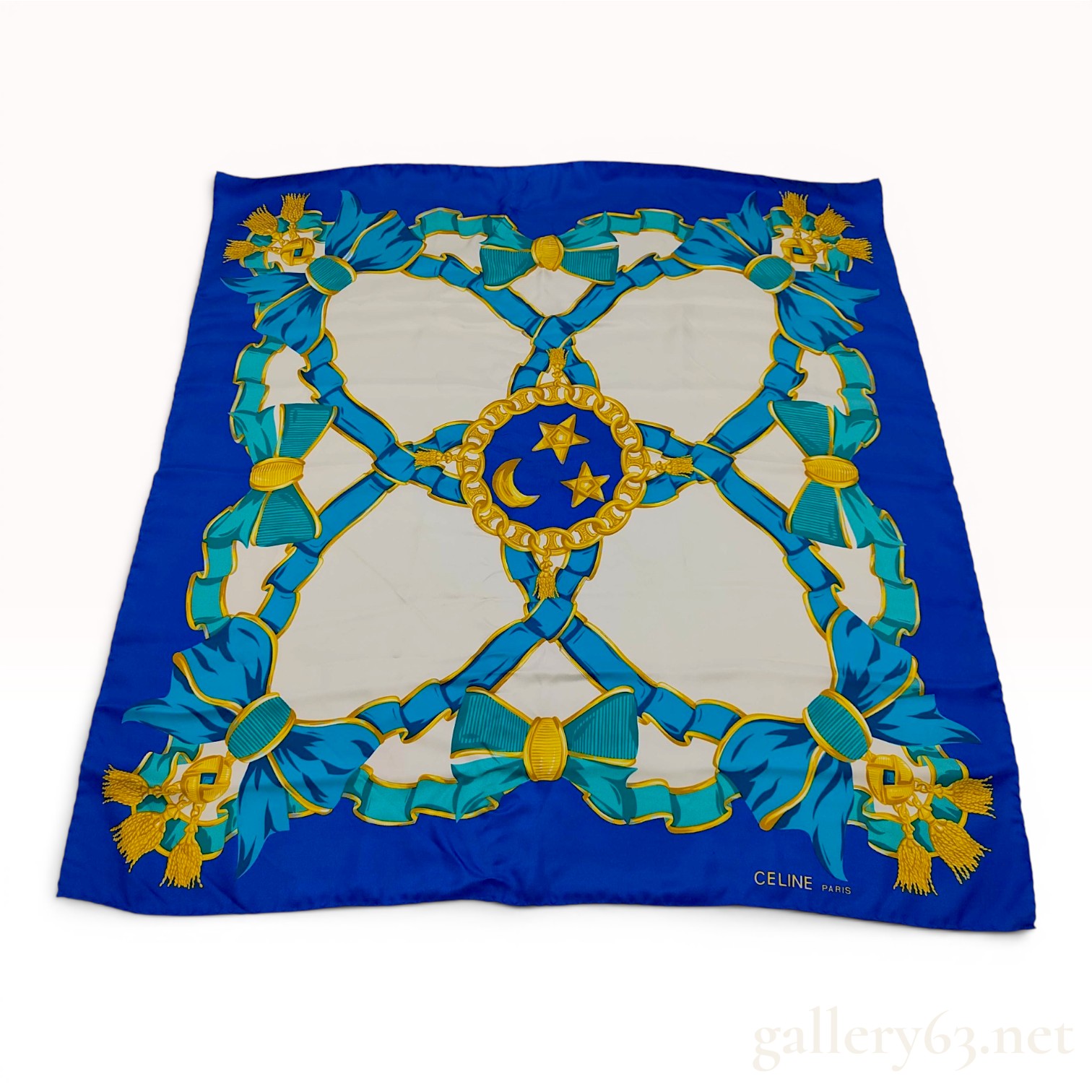 Celine Paris Square Silk Scarf with Celestial and Ribbon Motif