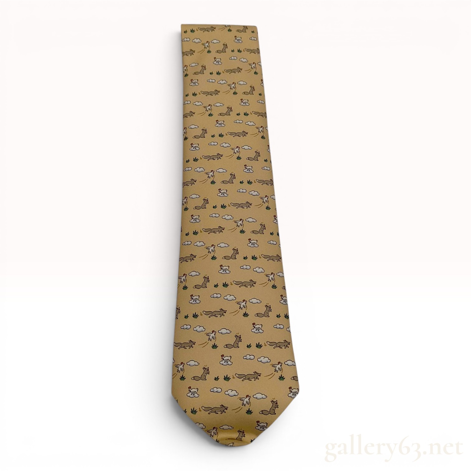 Hermes Paris Silk Twill Necktie Fox and Chicken Pattern 5064 PA
