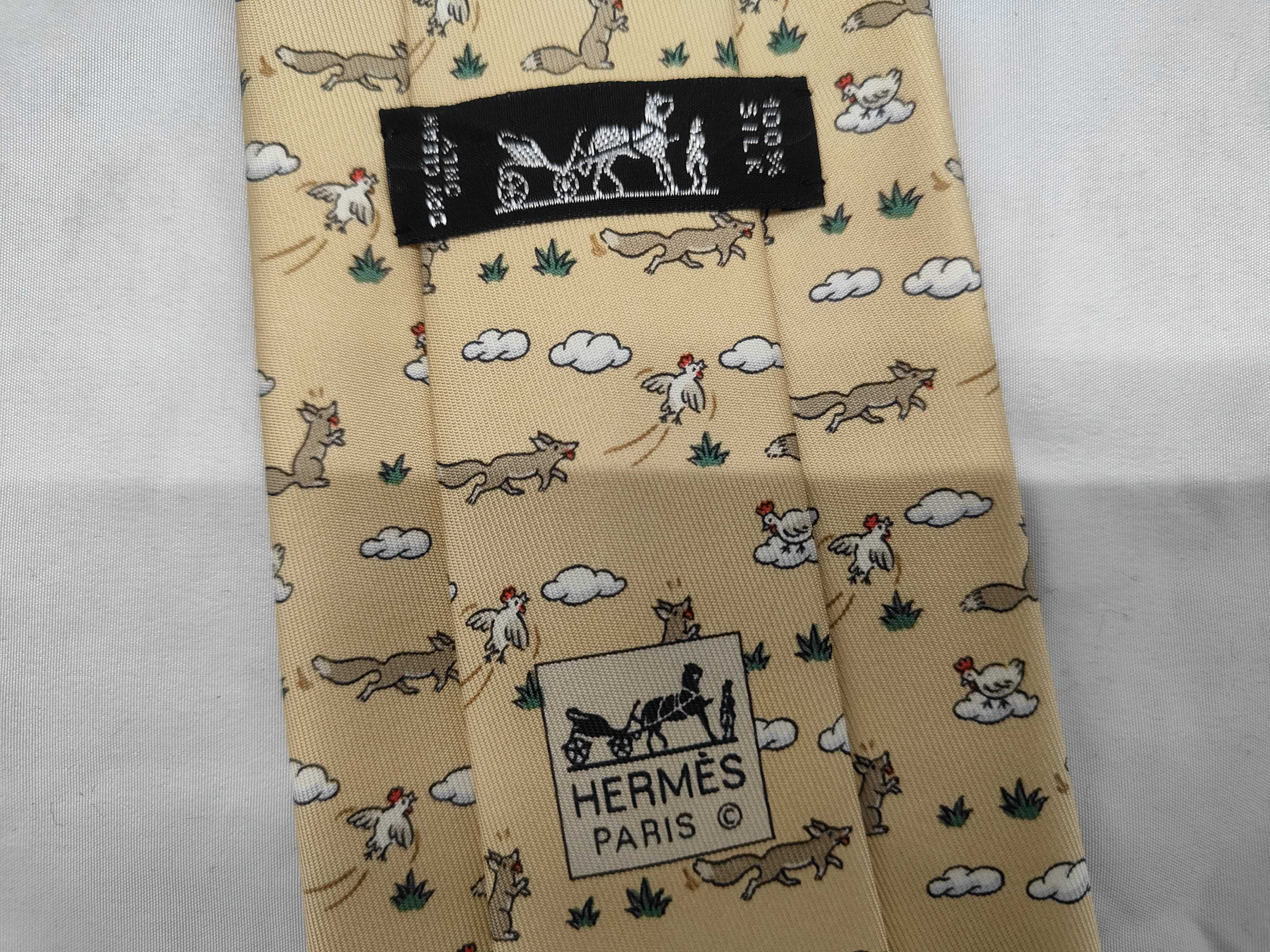 Hermes Paris Silk Twill Necktie Fox and Chicken Pattern 5064 PA