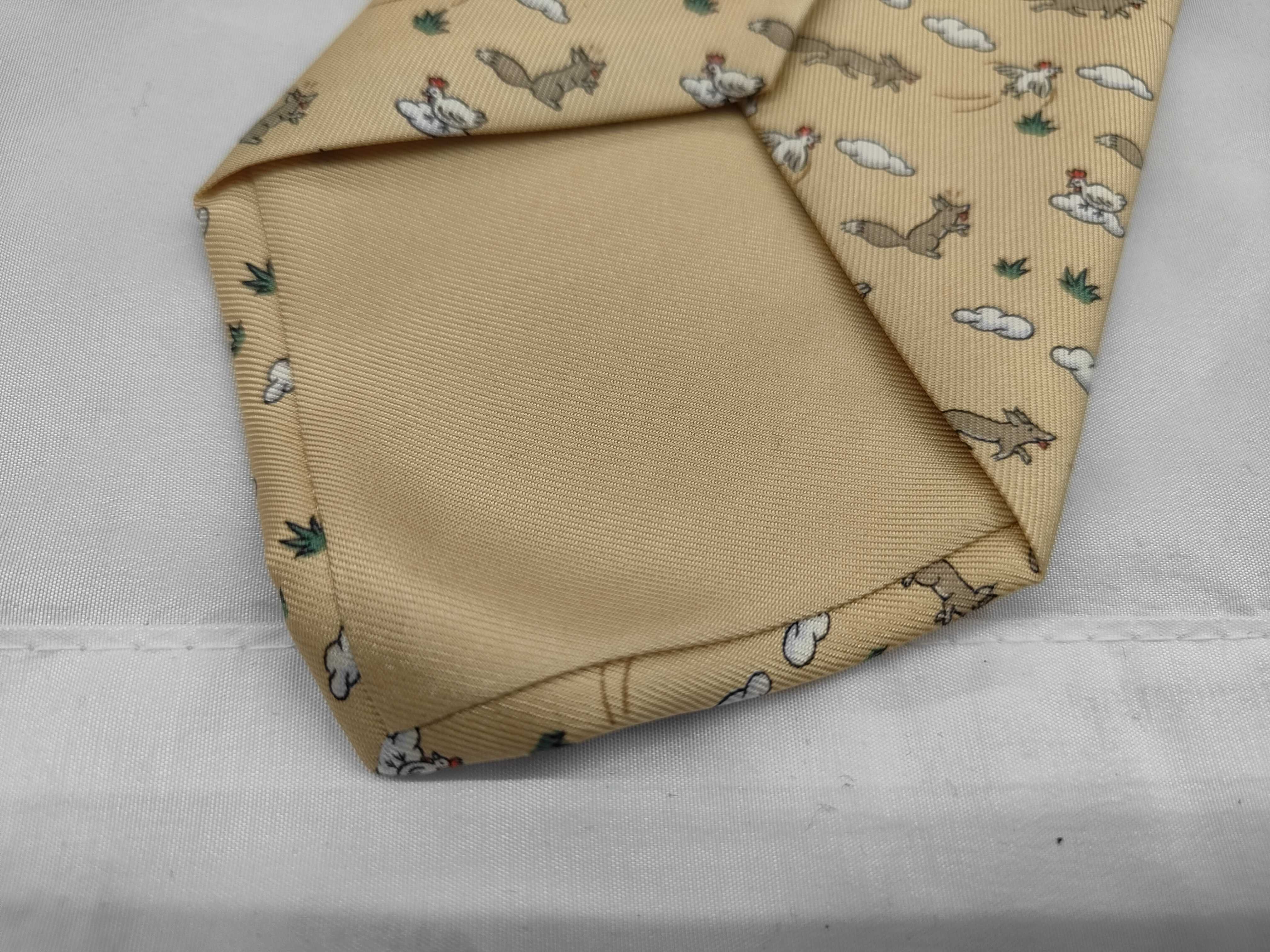 Hermes Paris Silk Twill Necktie Fox and Chicken Pattern 5064 PA