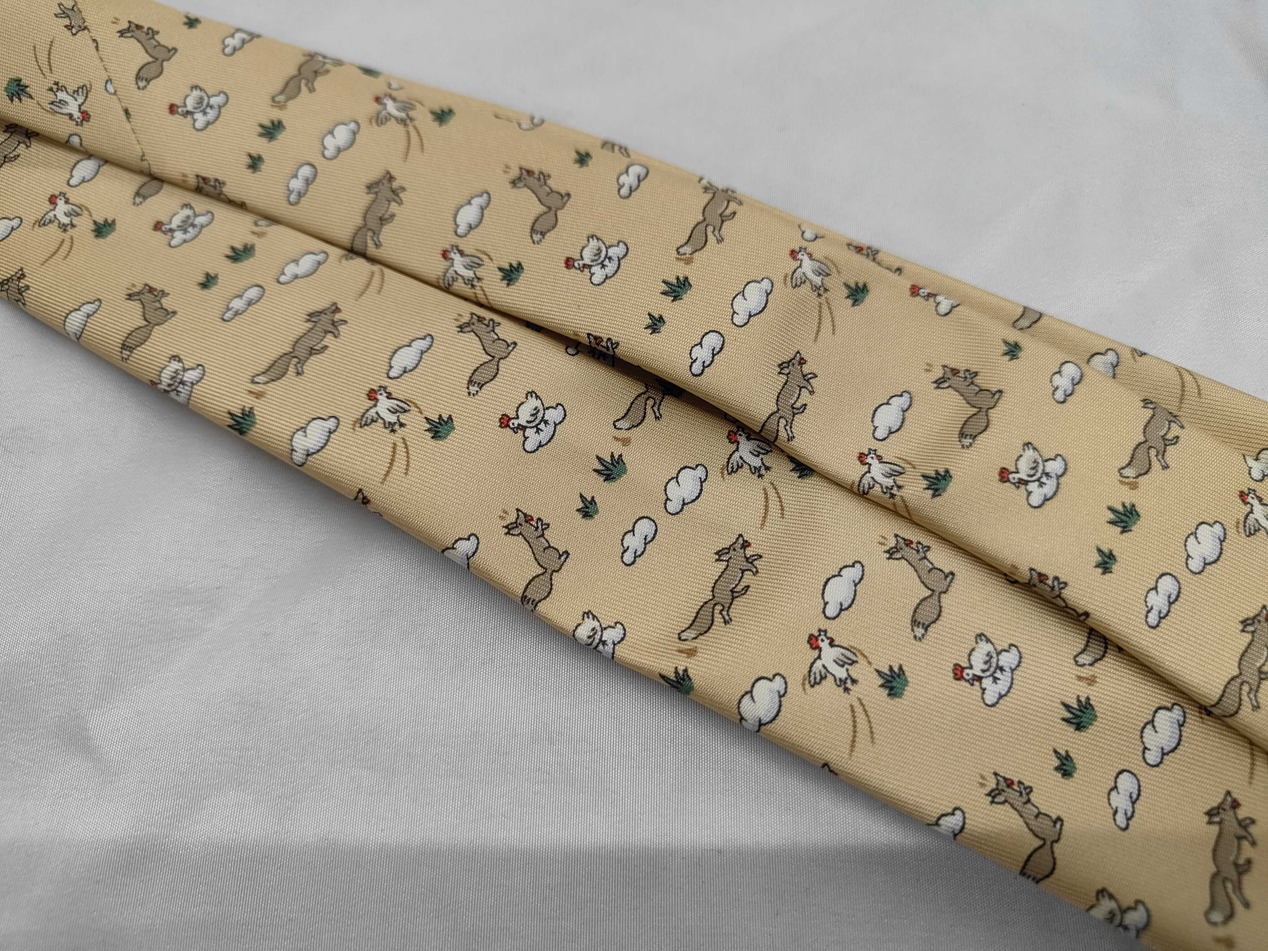 Hermes Paris Silk Twill Necktie Fox and Chicken Pattern 5064 PA
