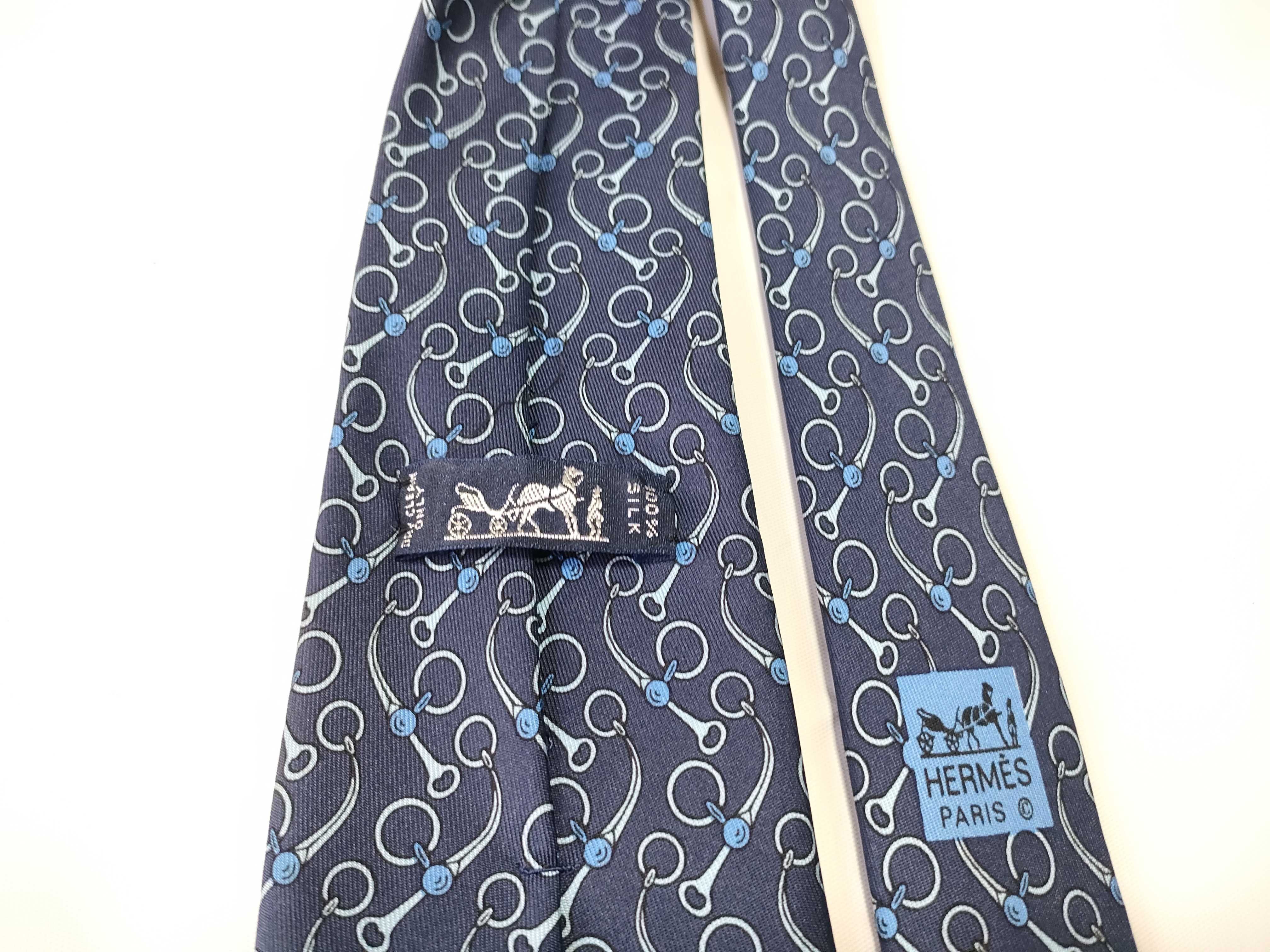 Hermes Navy Blue Silk Equestrian Snaffle Bit Motif Necktie