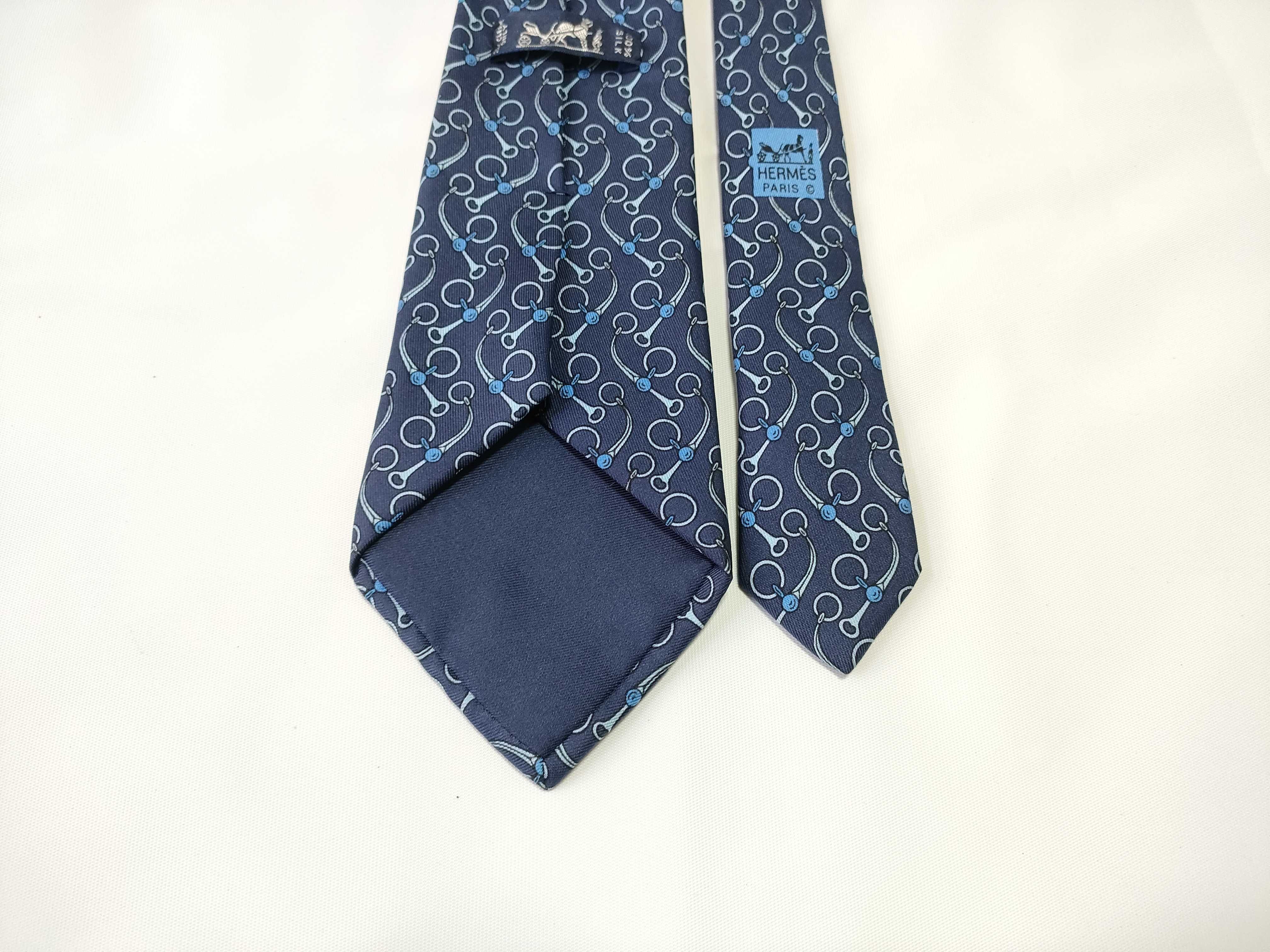 Hermes Navy Blue Silk Equestrian Snaffle Bit Motif Necktie