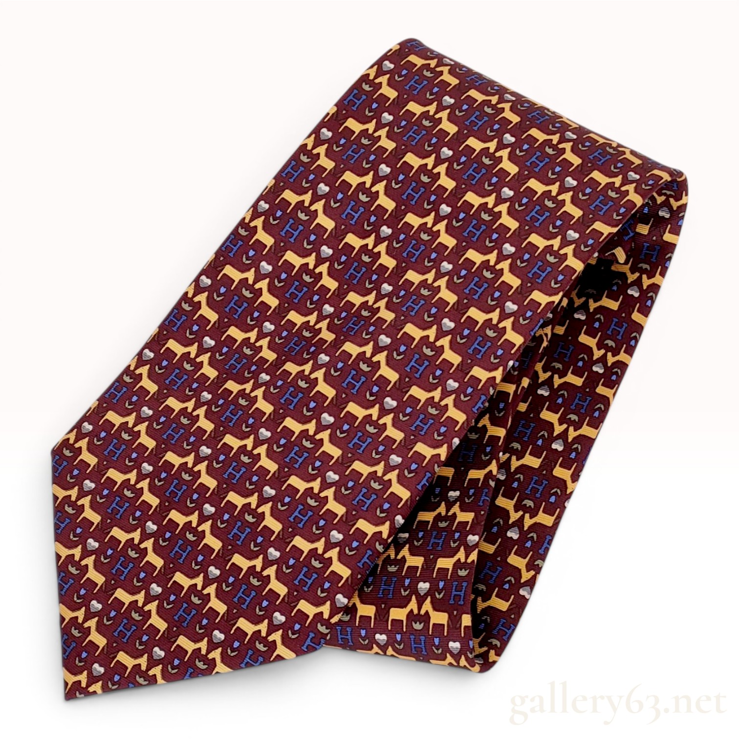 HERMES 100% Silk Burgundy Horse and H Logo Pattern Necktie