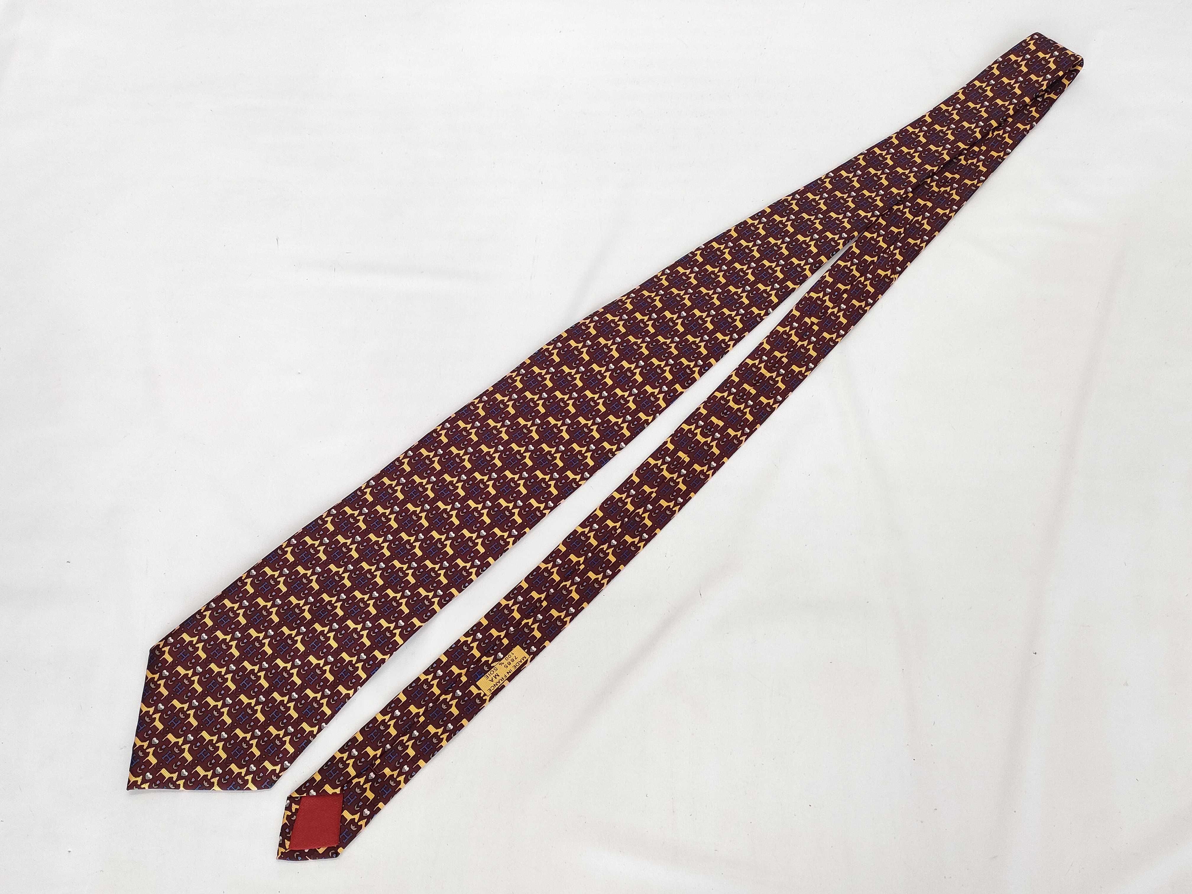 HERMES 100% Silk Burgundy Horse and H Logo Pattern Necktie