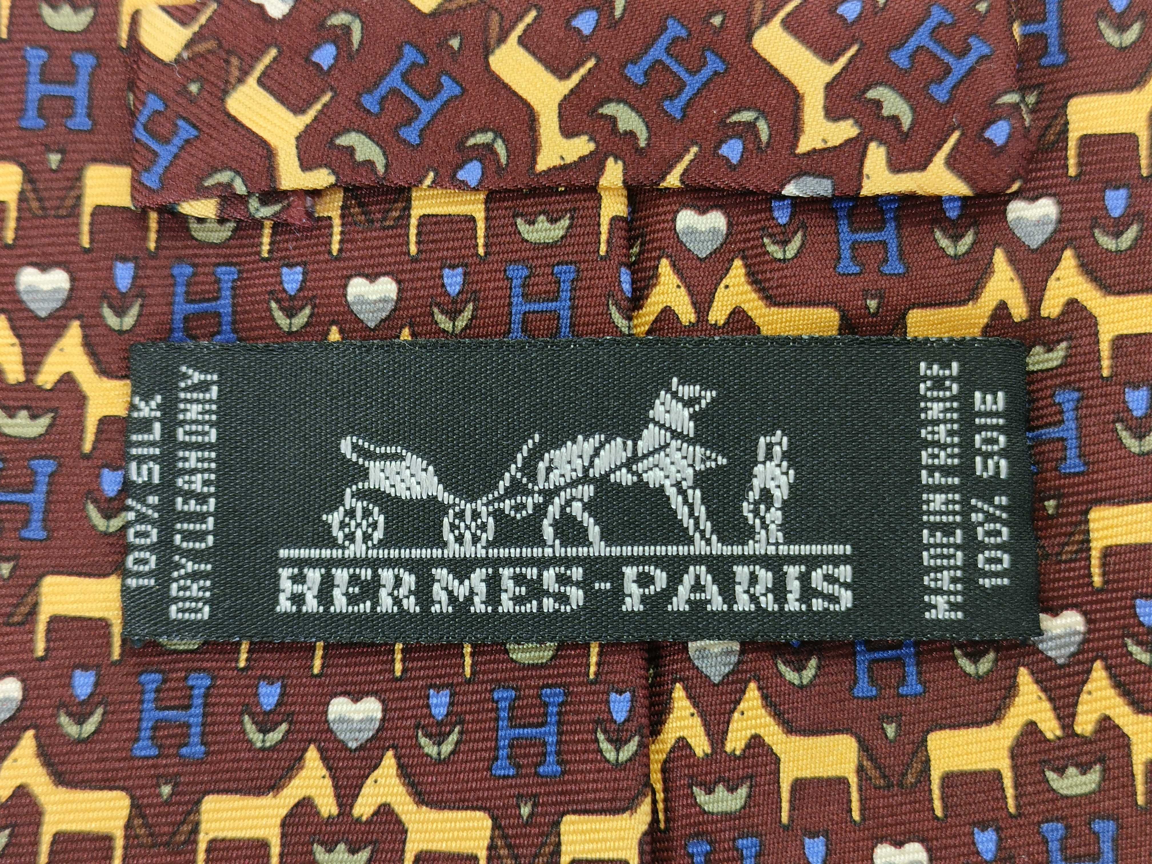HERMES 100% Silk Burgundy Horse and H Logo Pattern Necktie
