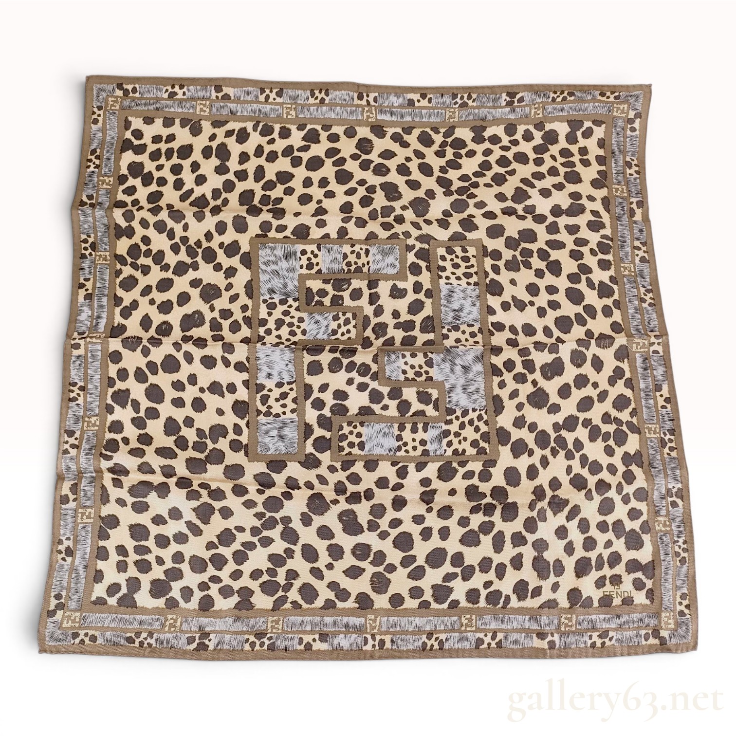 Fendi Silk Twill Leopard Print and FF Logo Square Scarf