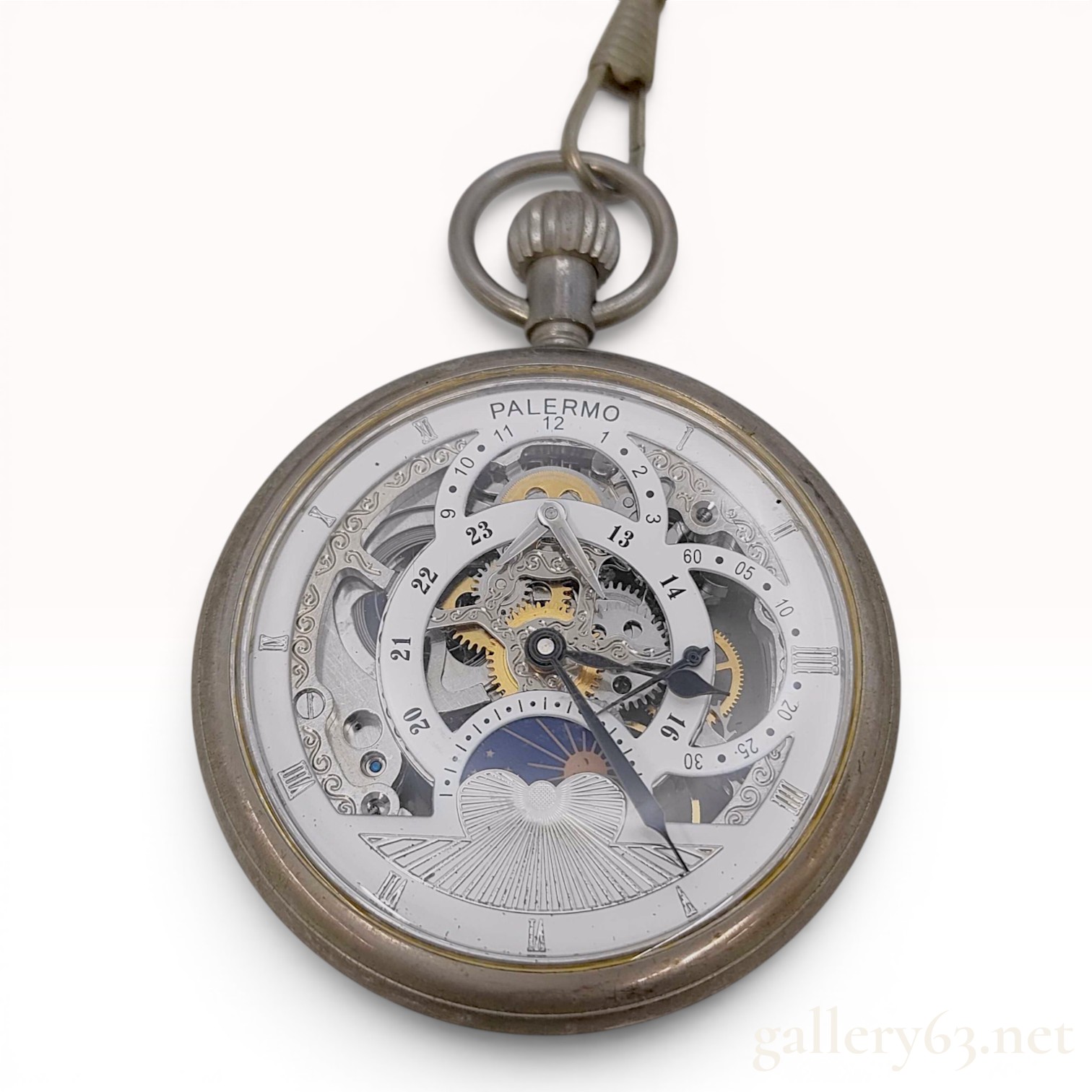 Palermo 17-Jewel Skeleton Dual Time Moon Phase Pocket Watch