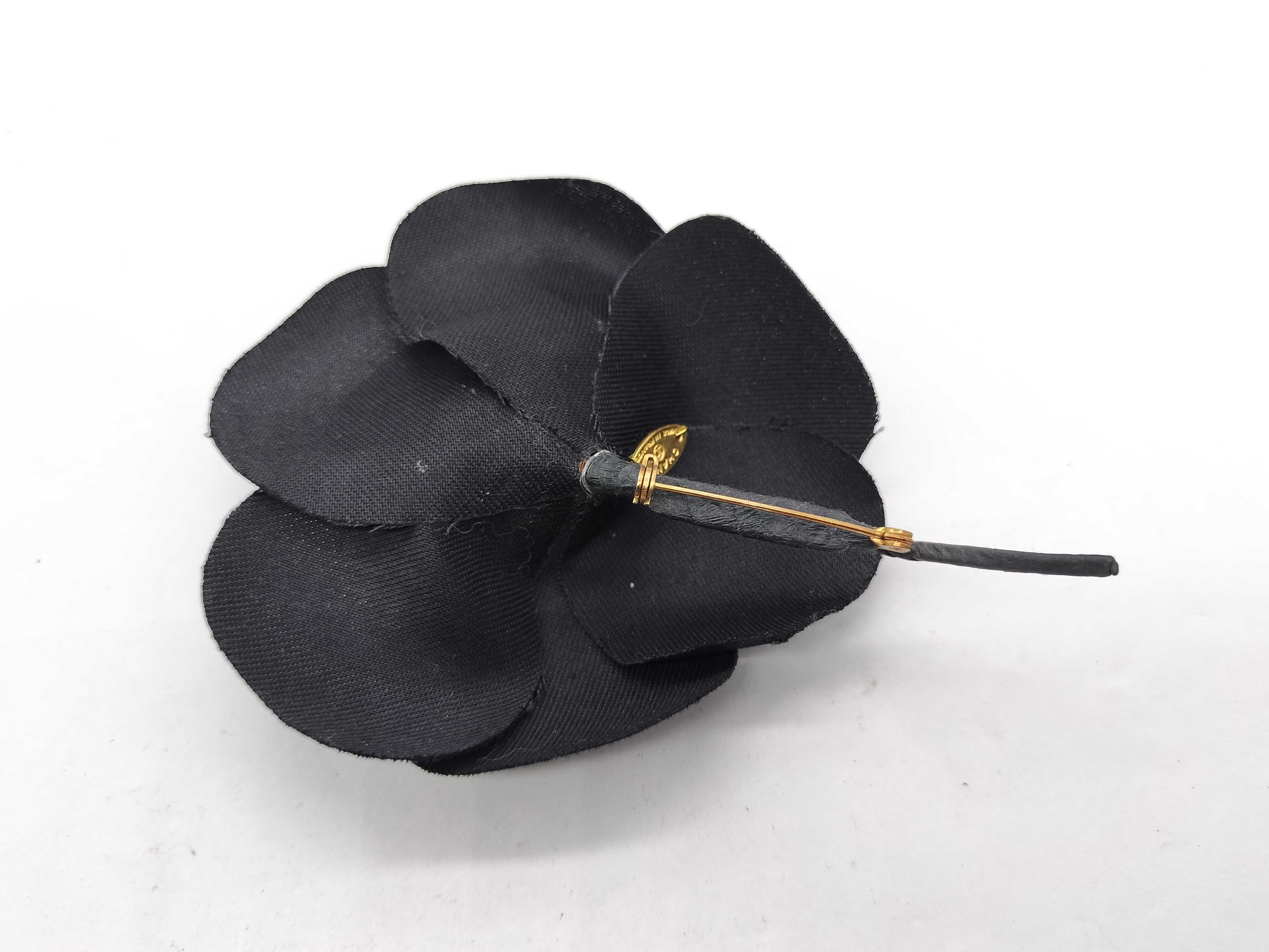 Vintage Chanel Black Fabric Camellia Brooch with Presentation Box