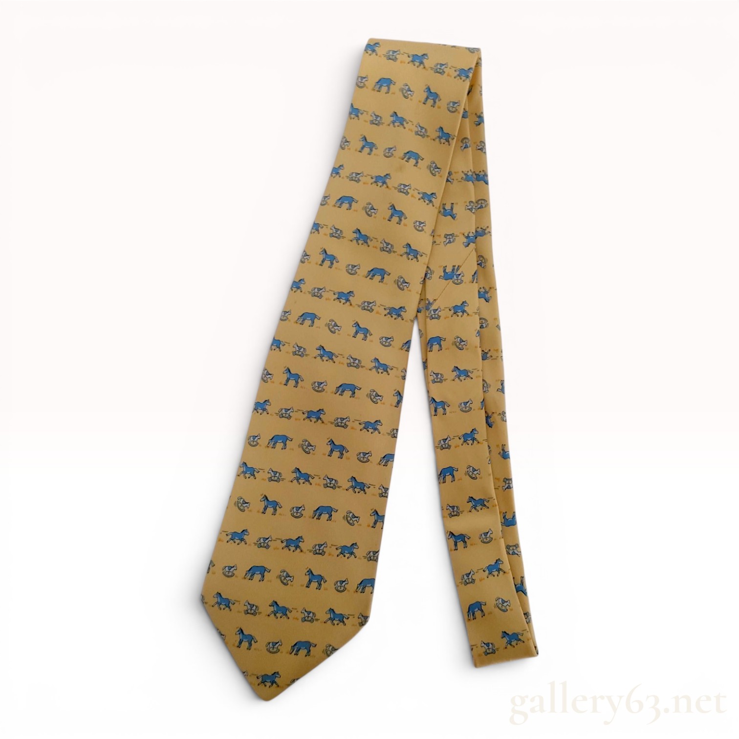 Hermes Yellow Silk Necktie with Repeating Horse Pattern