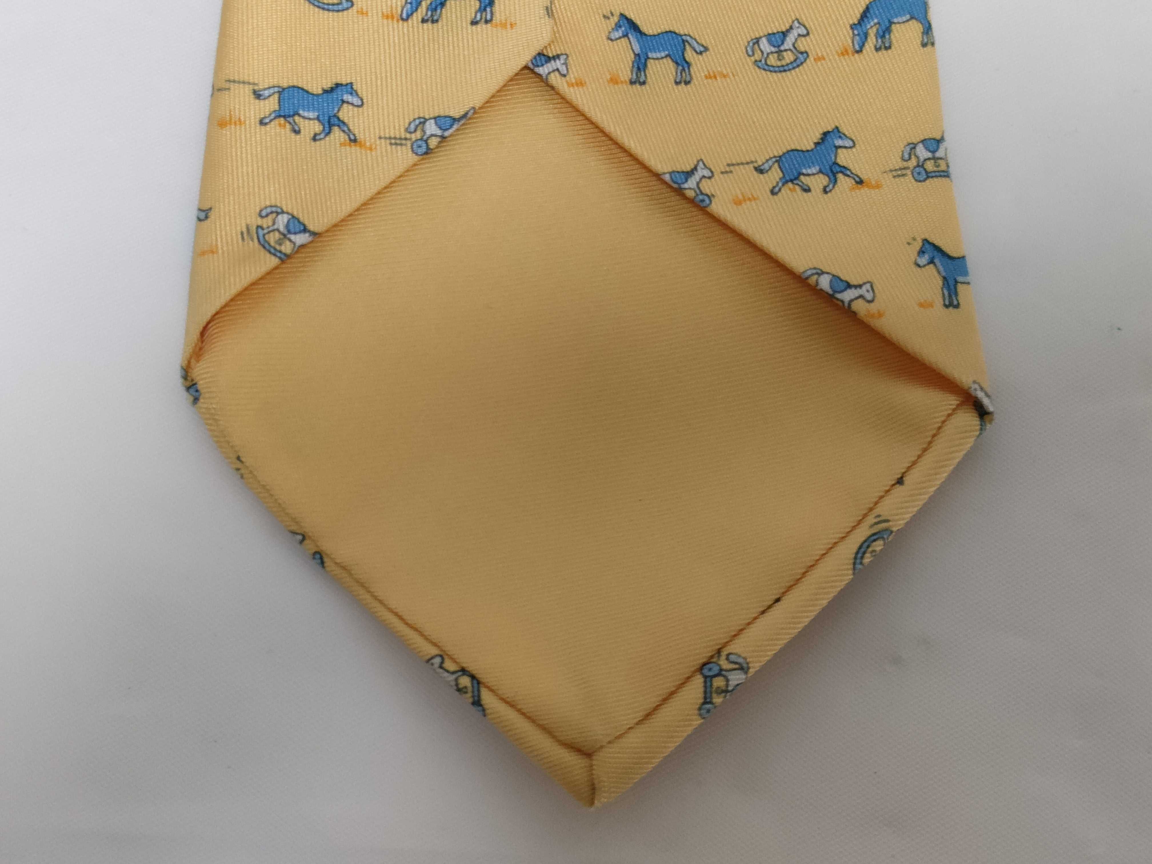 Hermes Yellow Silk Necktie with Repeating Horse Pattern