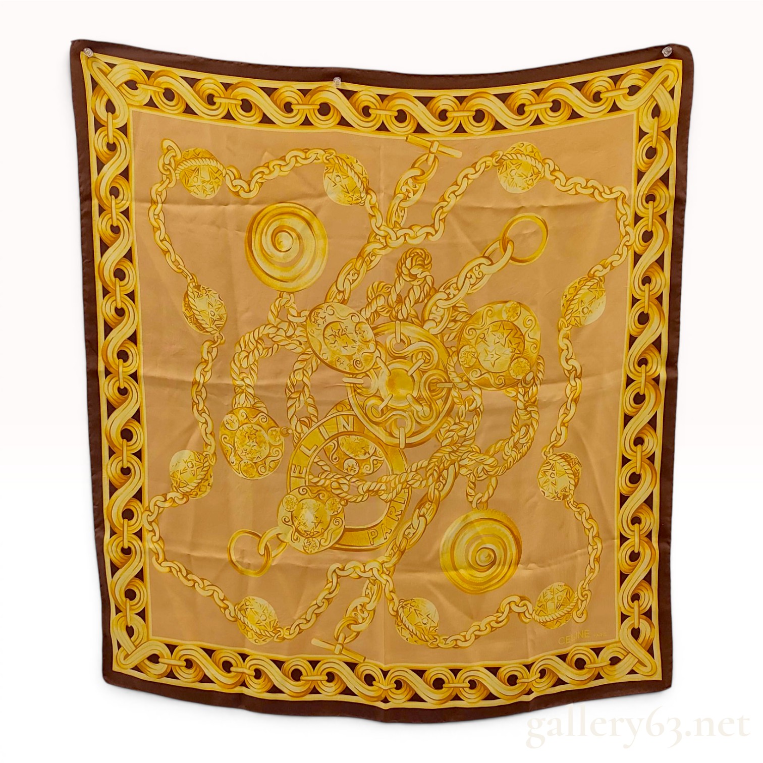 Celine Paris Silk Twill Square Scarf with Jewelry and Chain Motif