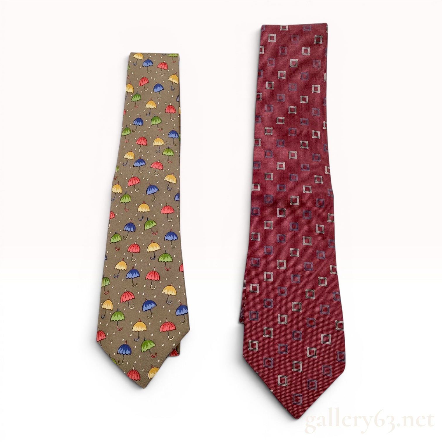 Two Hermes Silk Neckties Featuring Umbrella and Geometric Patterns