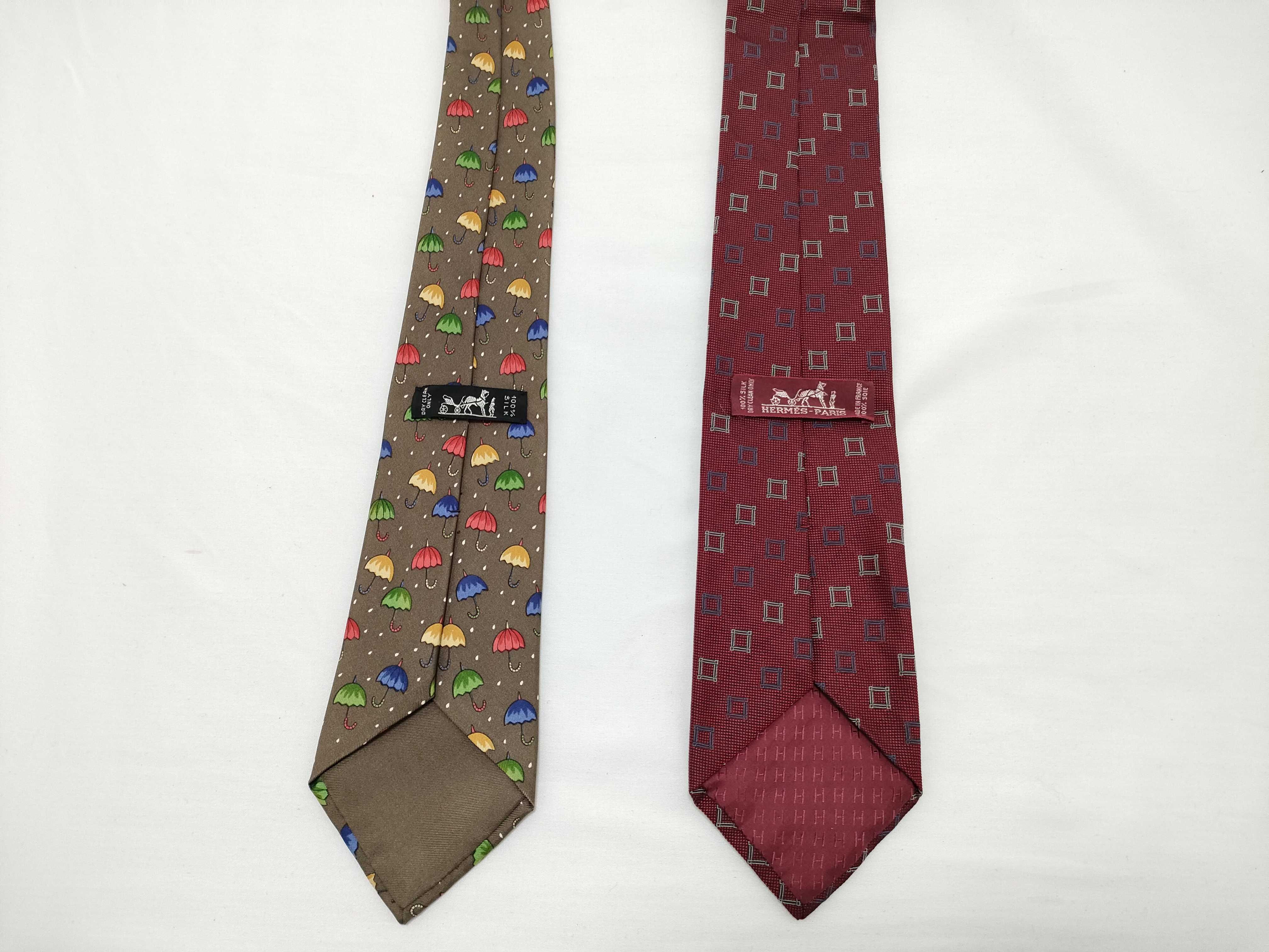 Two Hermes Silk Neckties Featuring Umbrella and Geometric Patterns