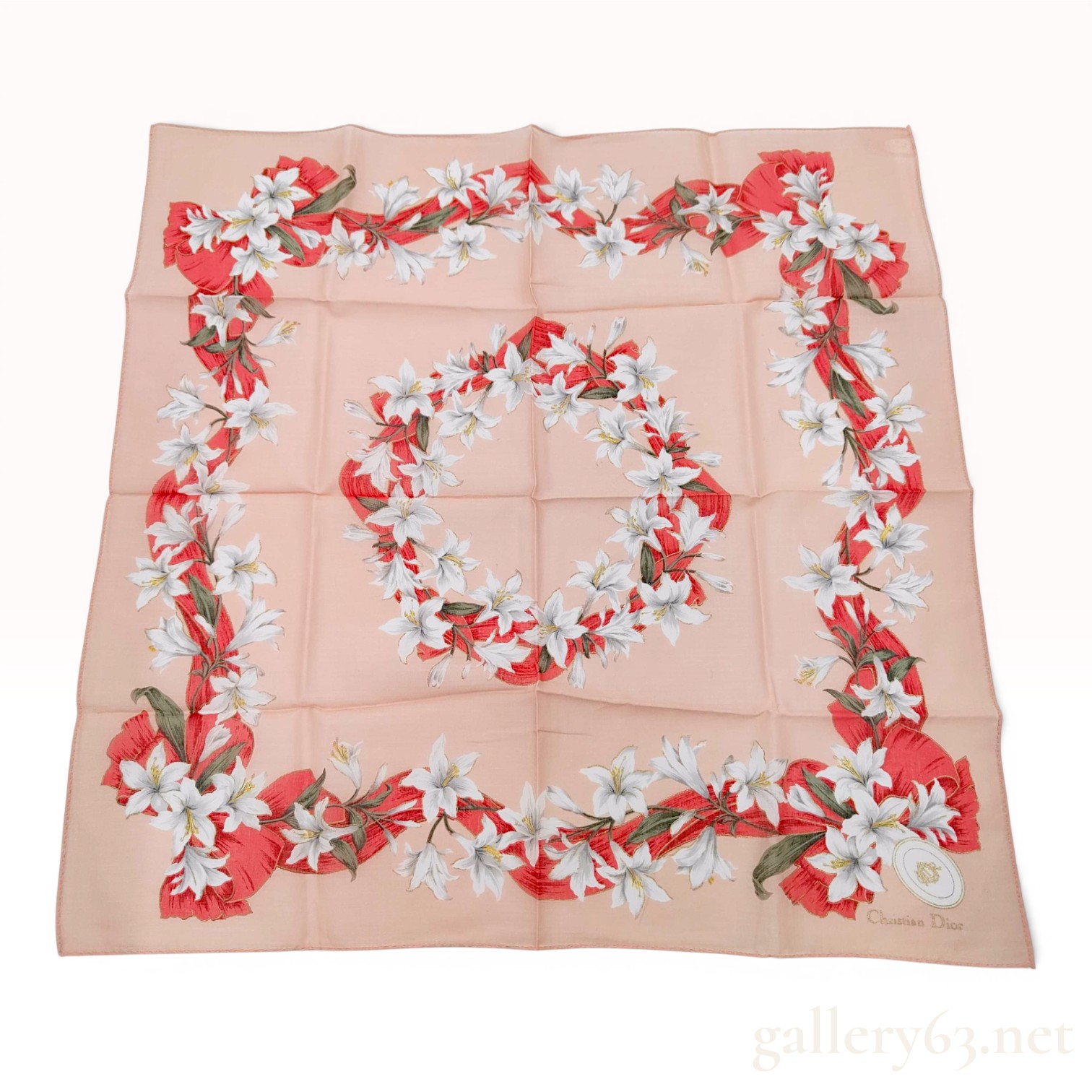 Christian Dior Floral Handkerchief with Lilies and Red Ribbons