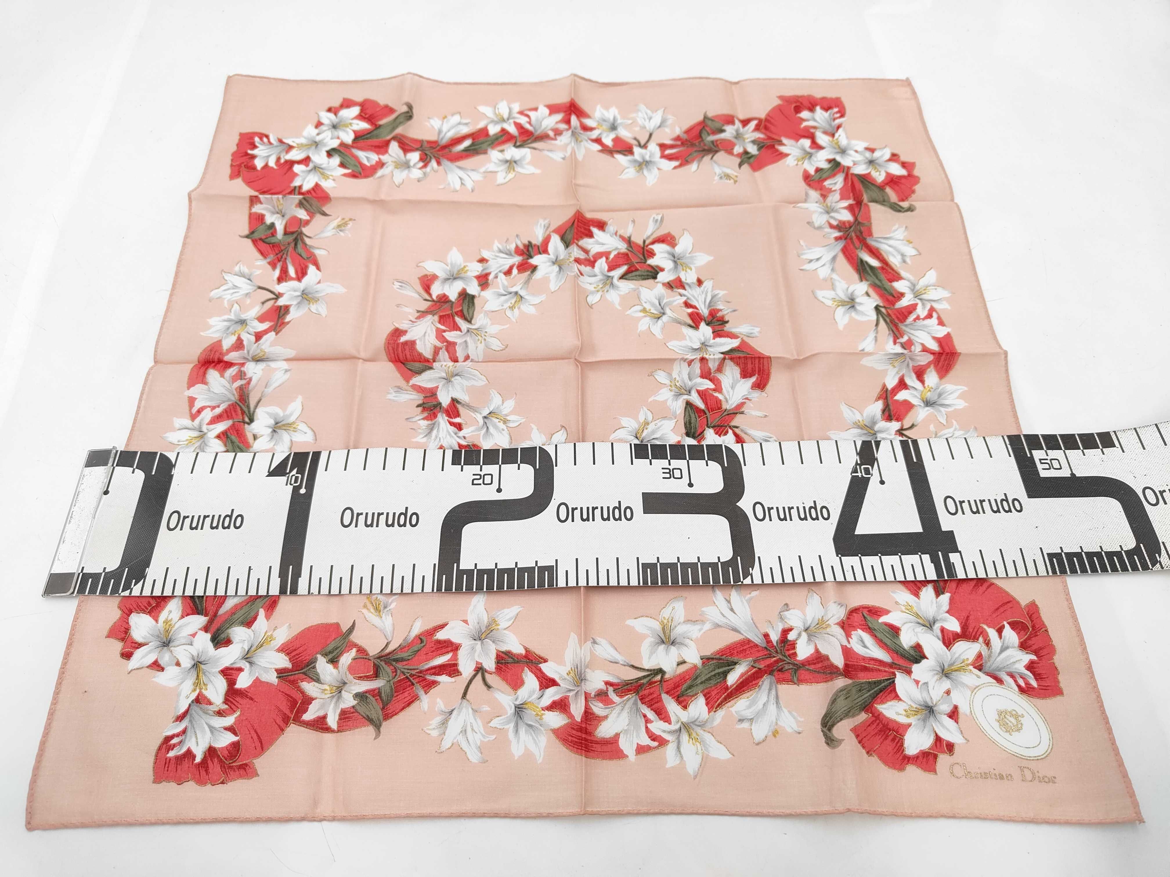 Christian Dior Floral Handkerchief with Lilies and Red Ribbons
