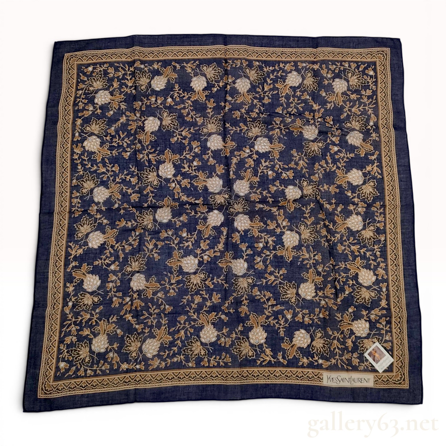 Yves Saint Laurent Vintage Botanical Print Cotton Handkerchief Scarf in Navy
