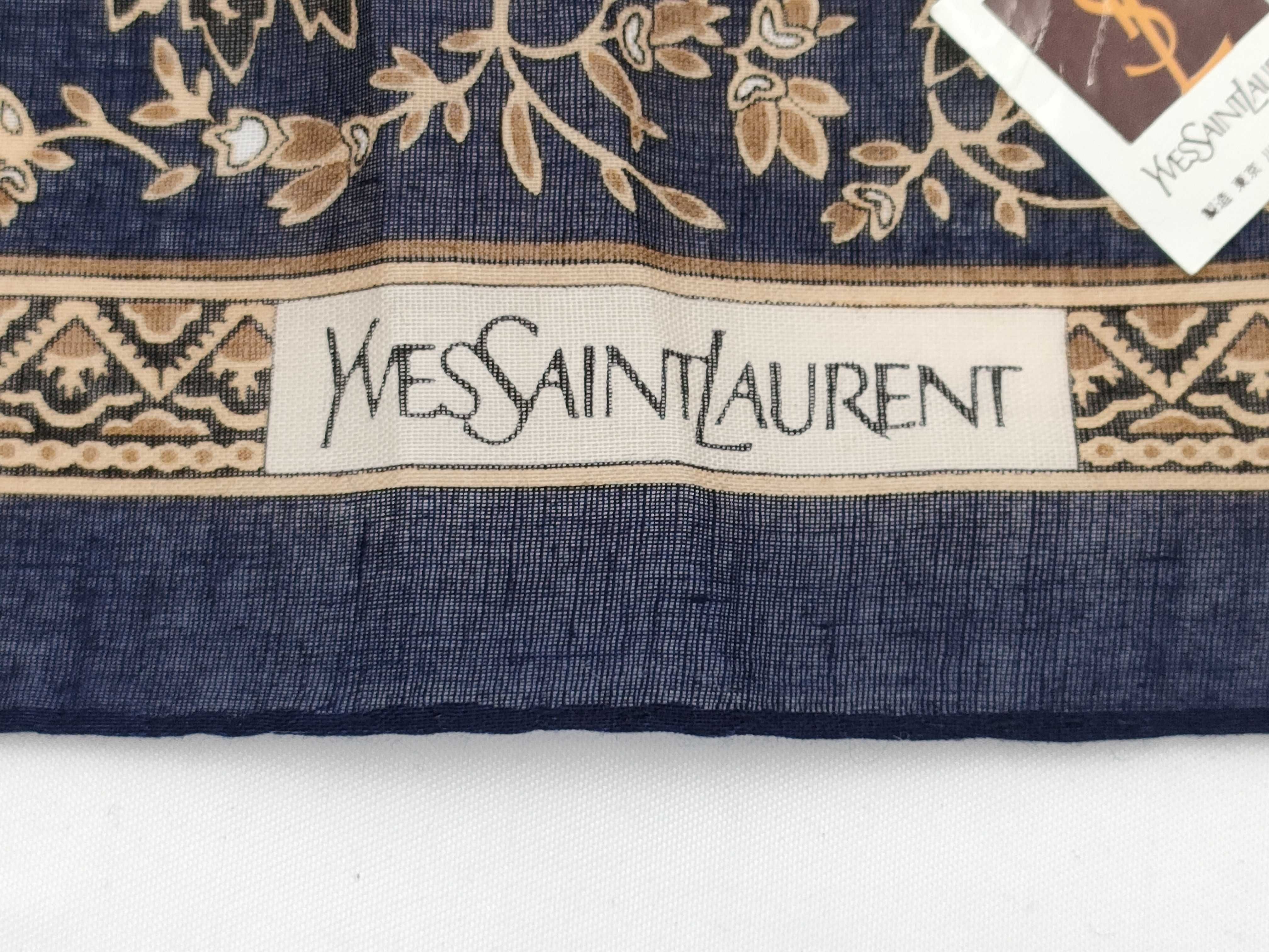 Yves Saint Laurent Vintage Botanical Print Cotton Handkerchief Scarf in Navy