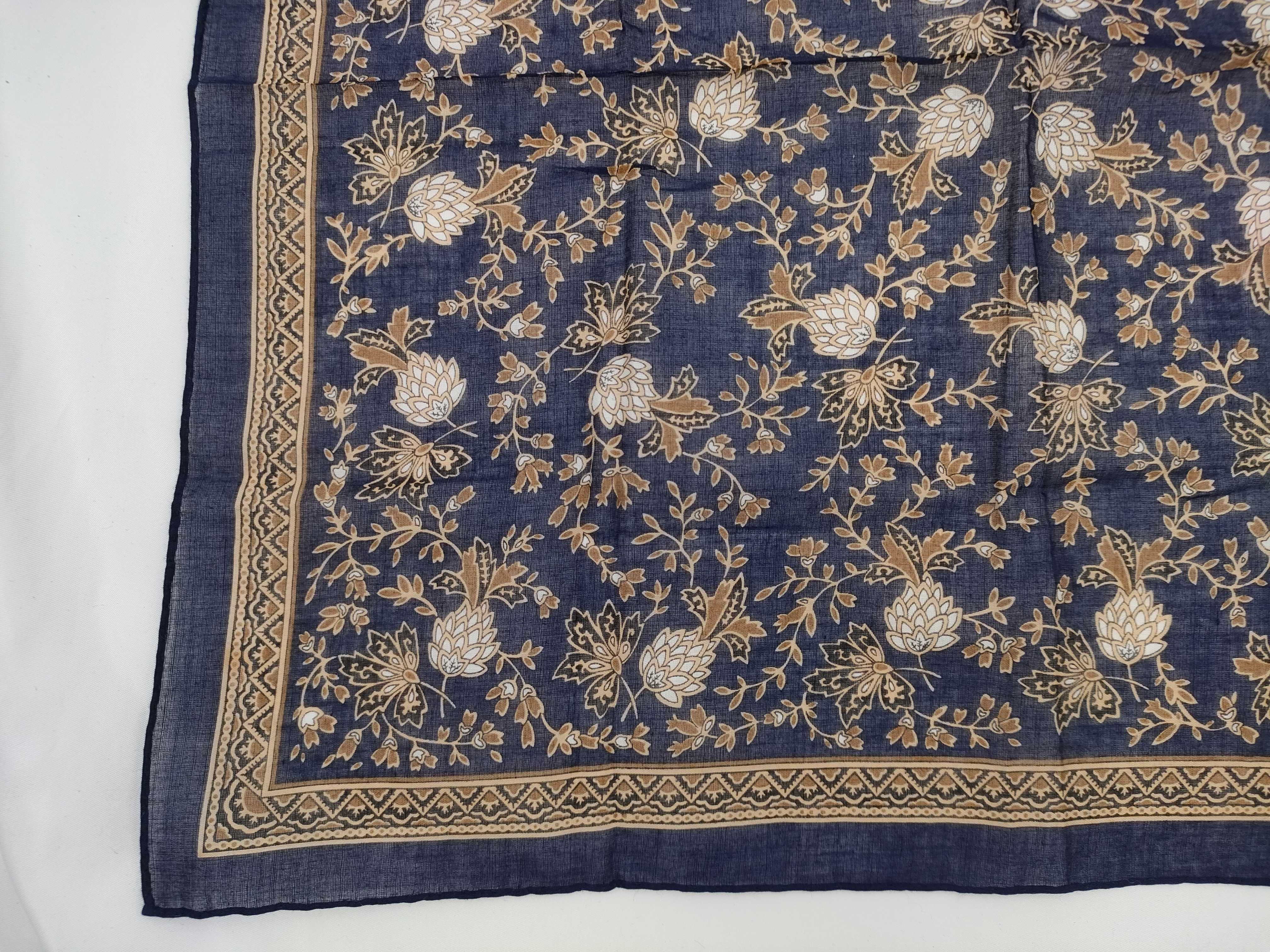 Yves Saint Laurent Vintage Botanical Print Cotton Handkerchief Scarf in Navy