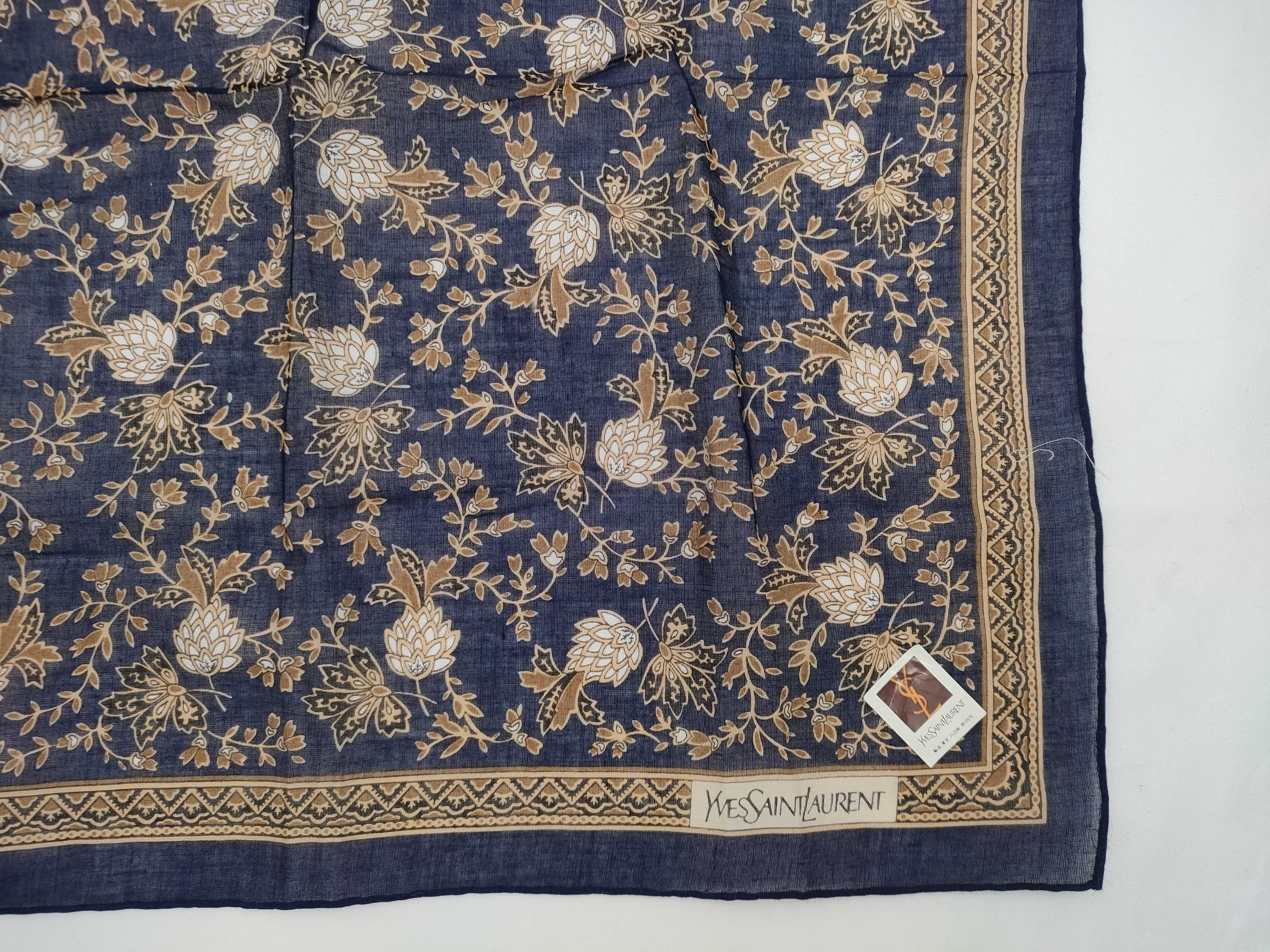 Yves Saint Laurent Vintage Botanical Print Cotton Handkerchief Scarf in Navy