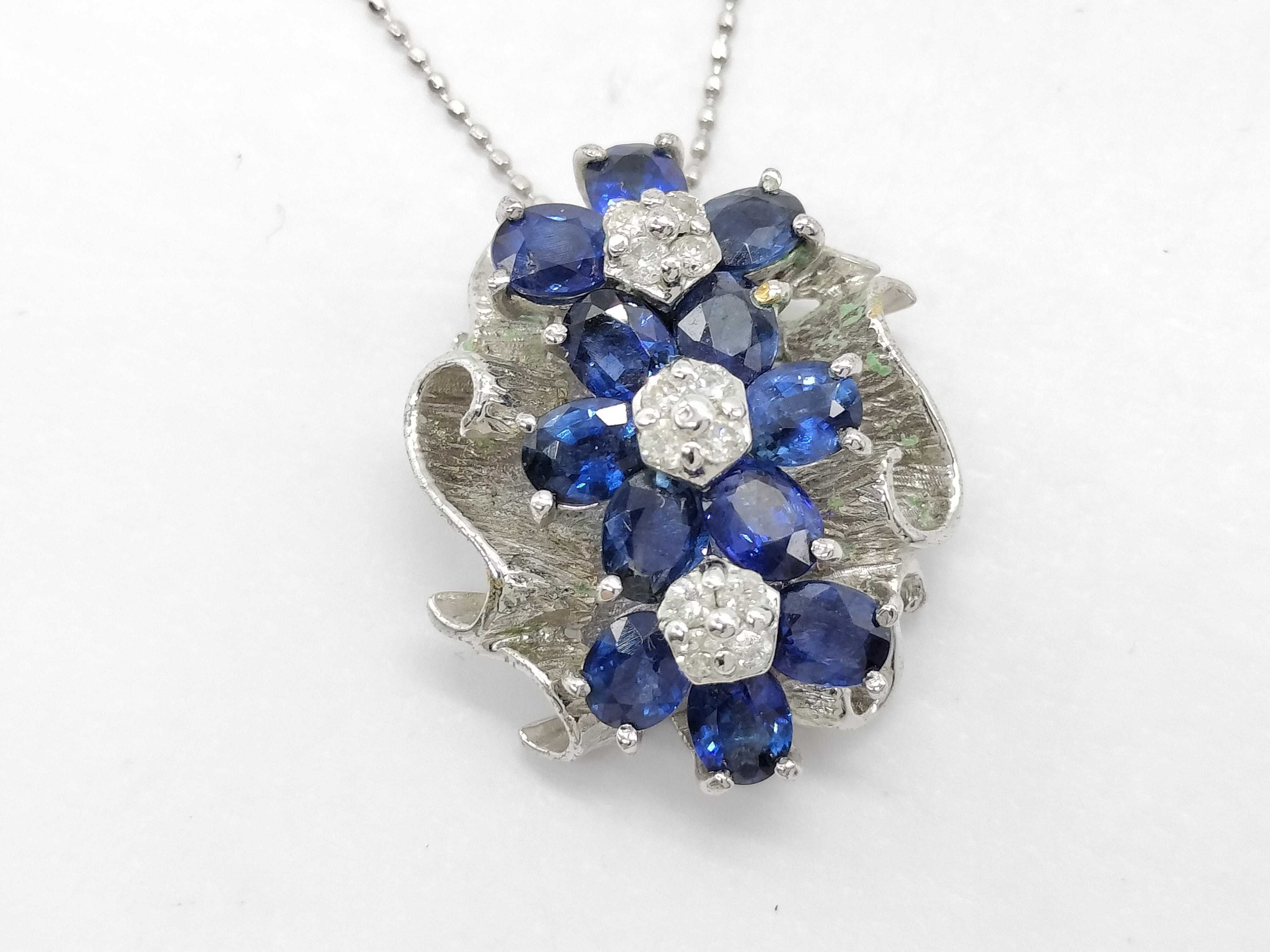 18K White Gold Natural Sapphire and Diamond Floral Pendant Necklace
