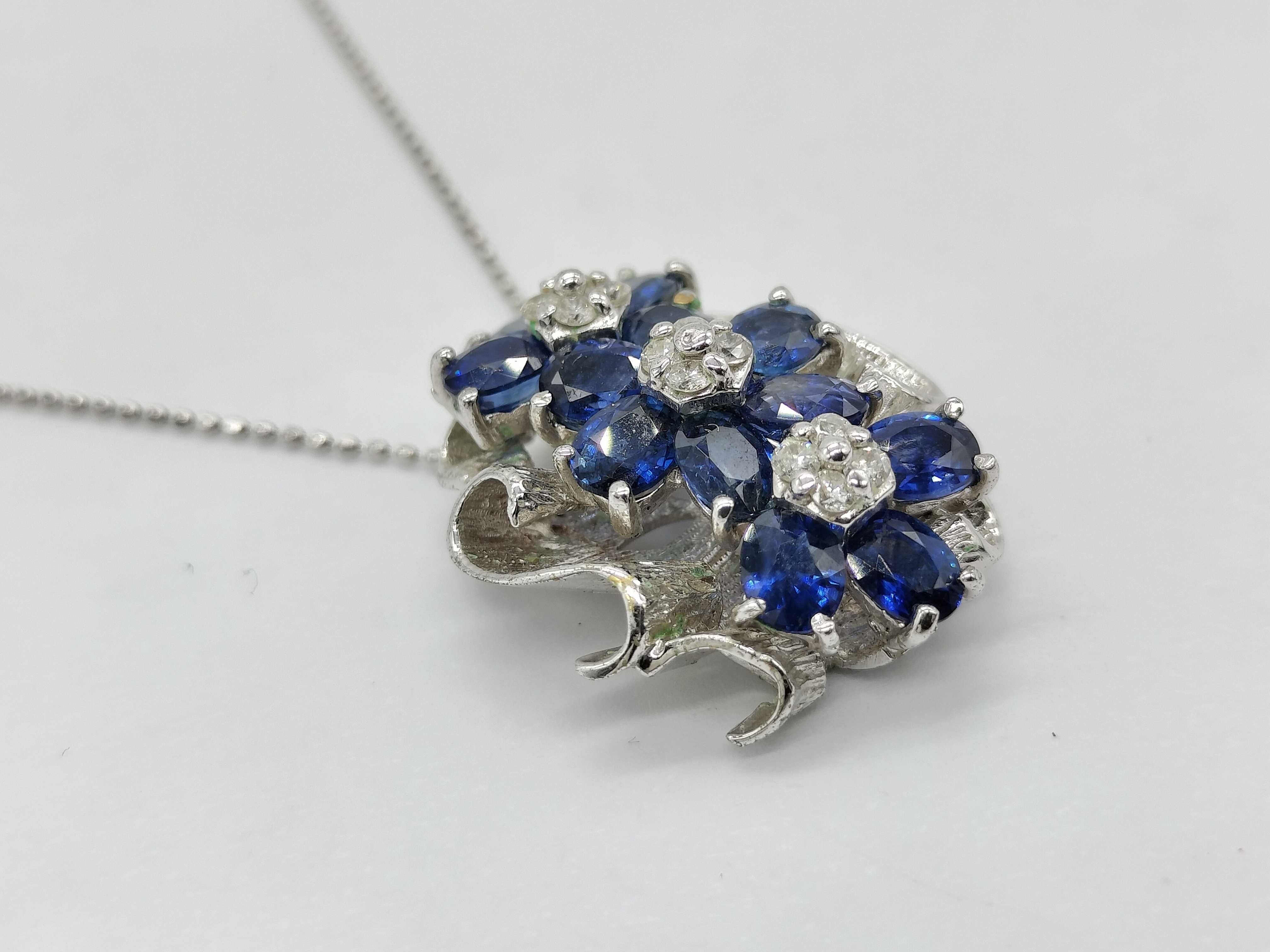 18K White Gold Natural Sapphire and Diamond Floral Pendant Necklace