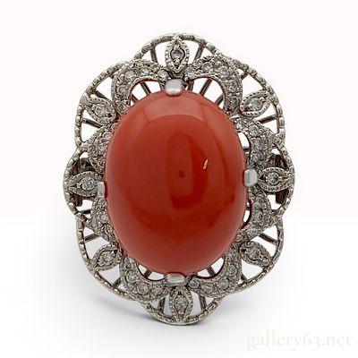 Antique Red Coral and Diamond Cocktail Ring in Pt900 Platinum. An antique cocktail ring 