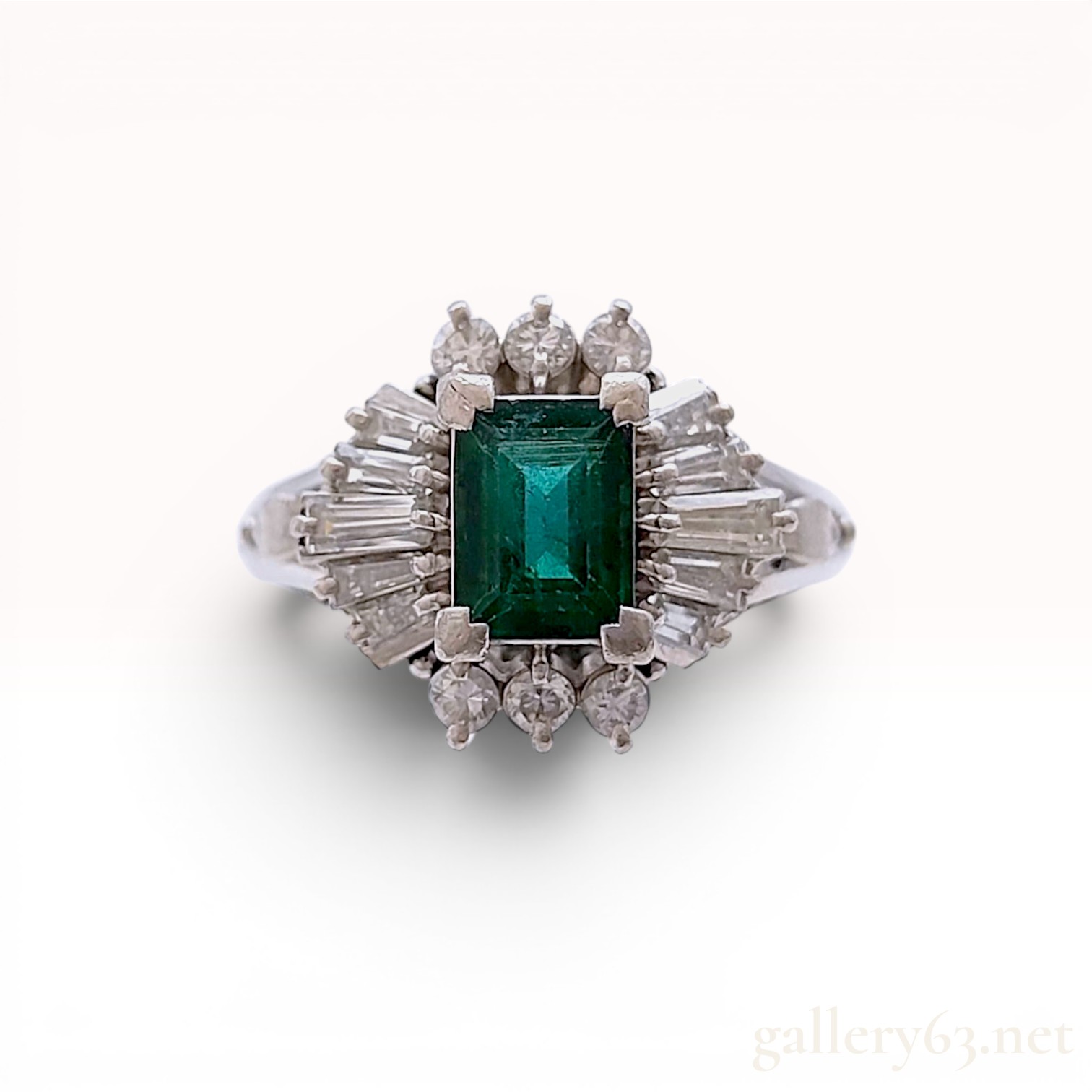 Vintage Natural Emerald and Diamond Ballerina Ring in Platinum