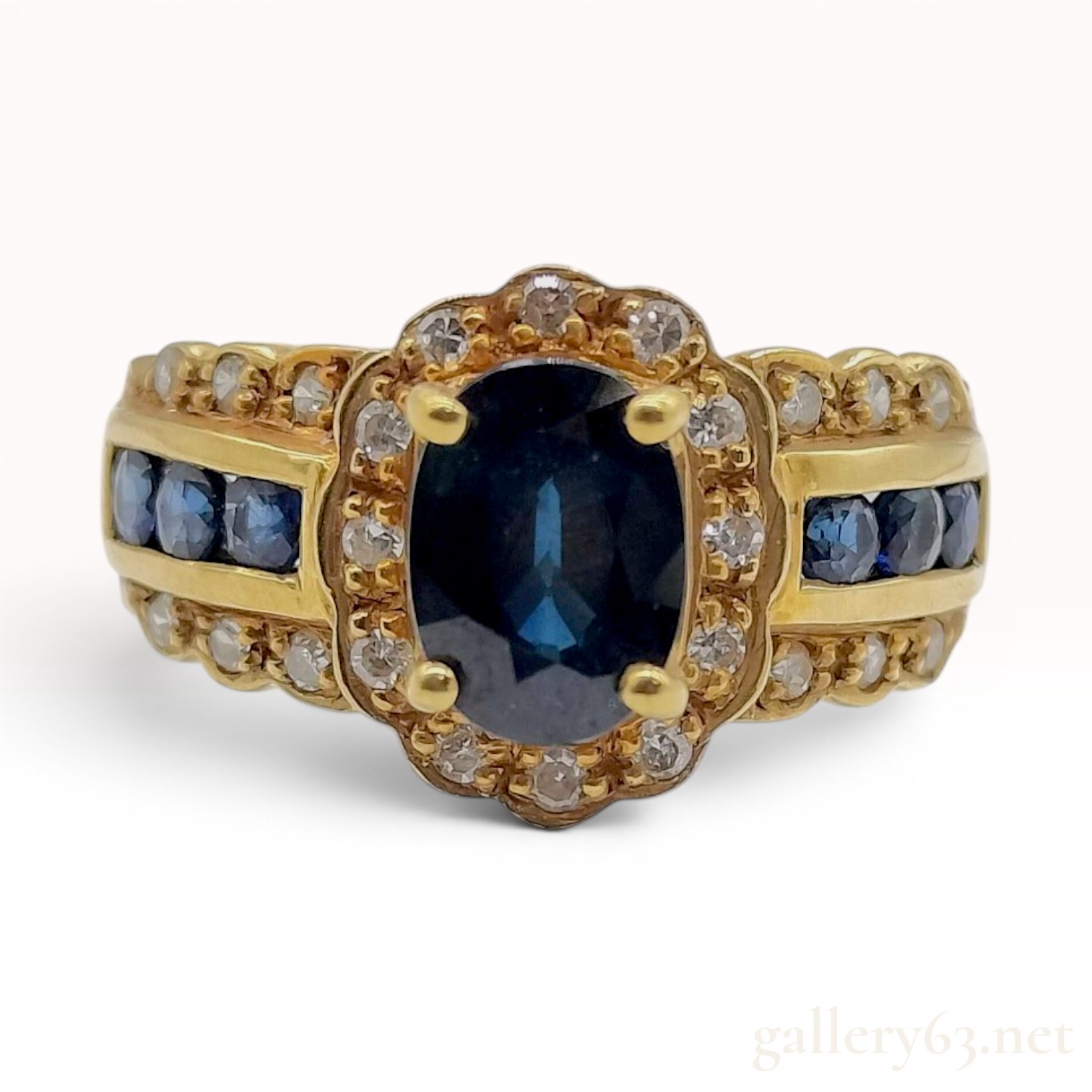 18K Yellow Gold 1.33 Carat Natural Sapphire and Diamond Halo Ring