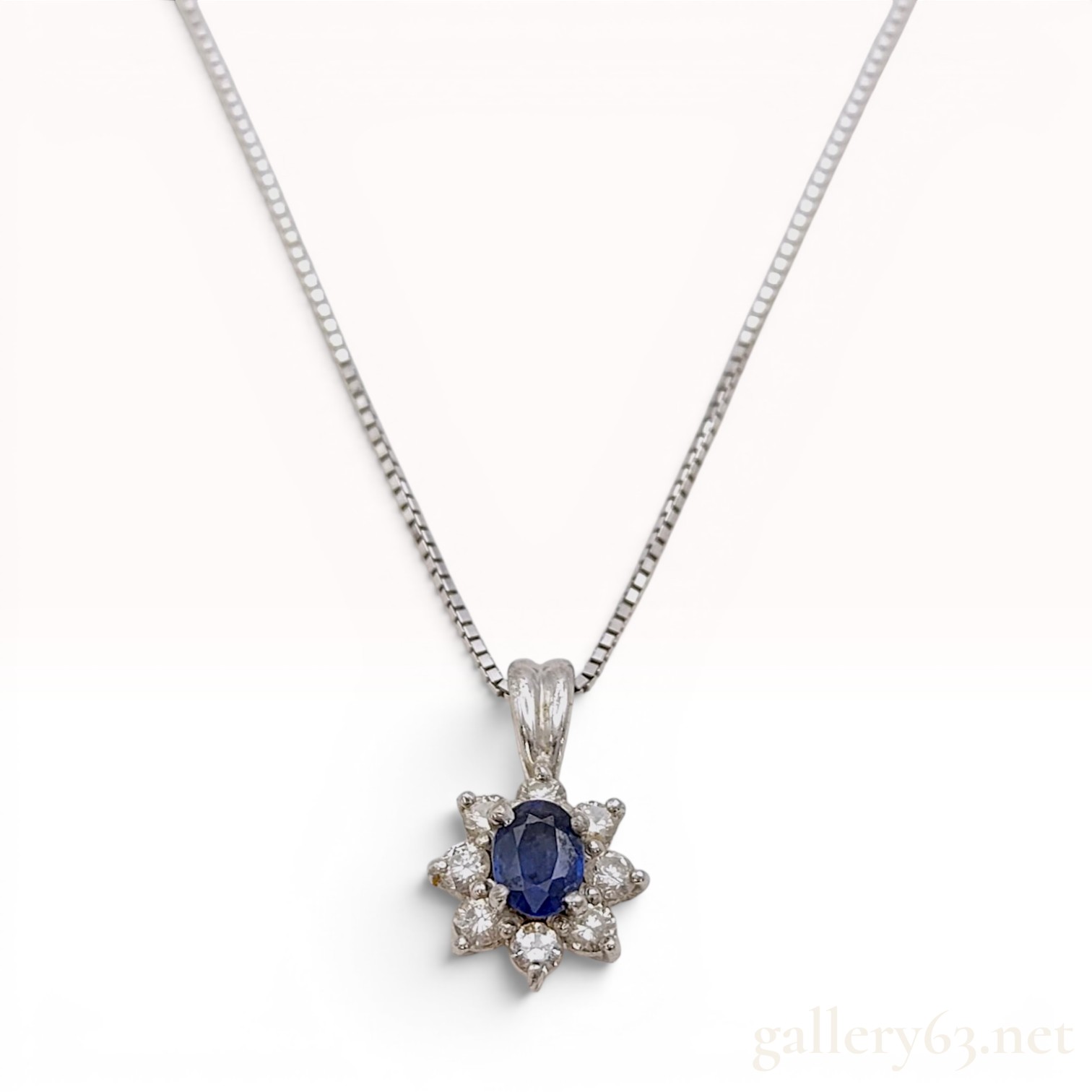 Sapphire and Diamond Halo Pendant in Platinum on an 18K White Gold Box Chain