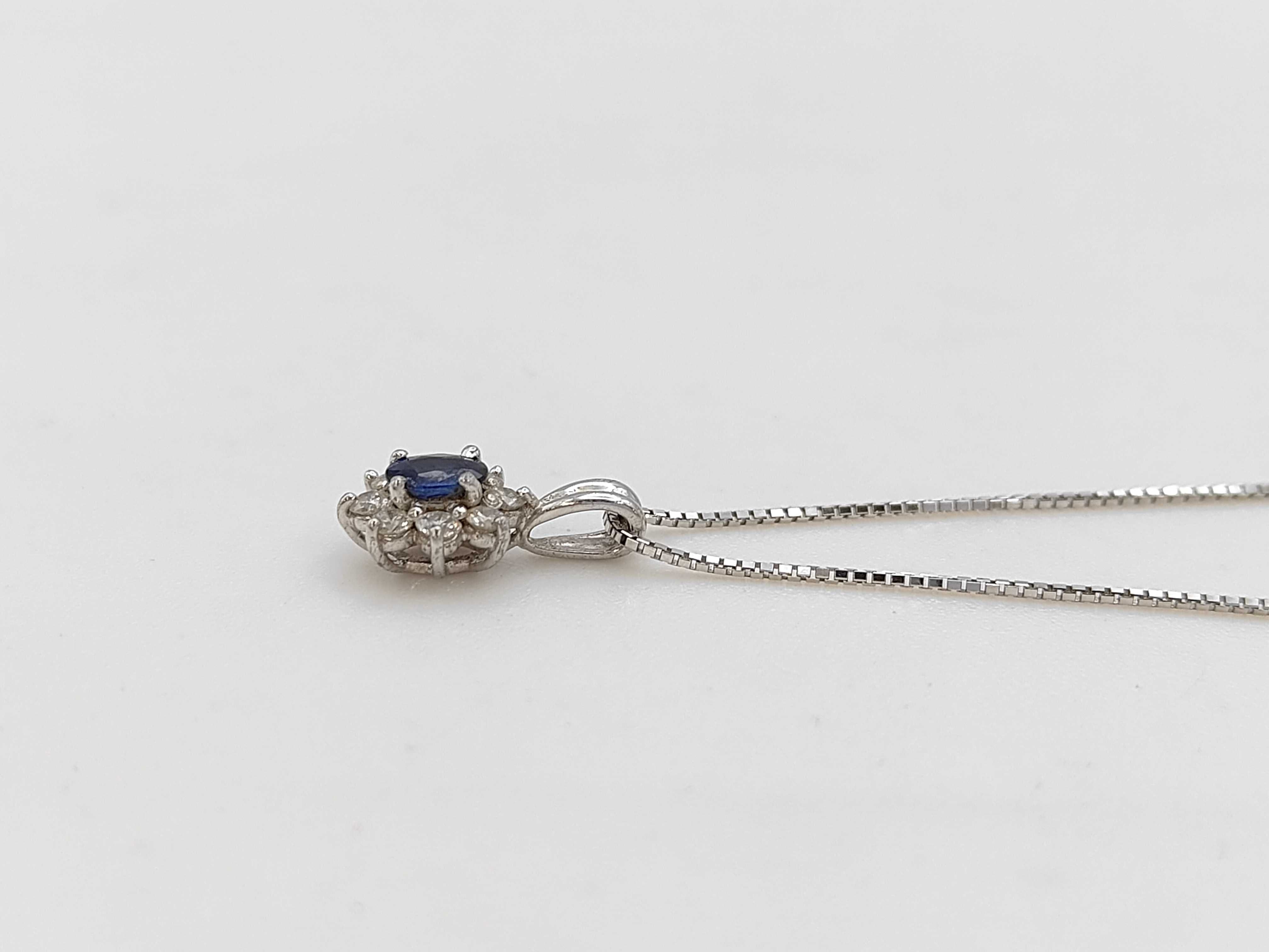 Sapphire and Diamond Halo Pendant in Platinum on an 18K White Gold Box Chain