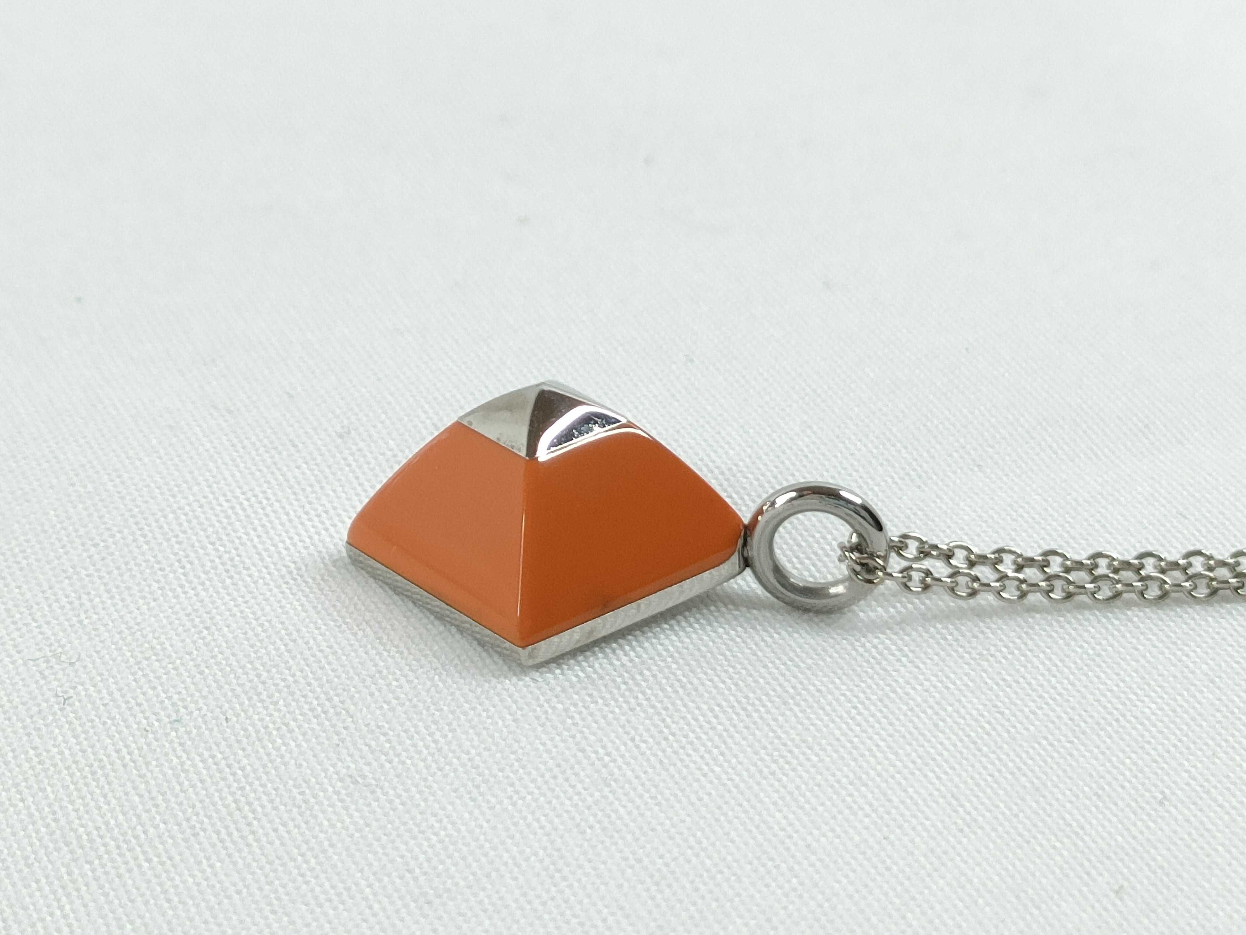 Hermes Medor Cupidon Orange Enamel and Silver Tone Pendant Necklace