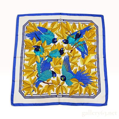 Hermes Les Perroquets Silk Twill Scarf by Joachim Metz. An Hermes silk twill scarf in the Les 