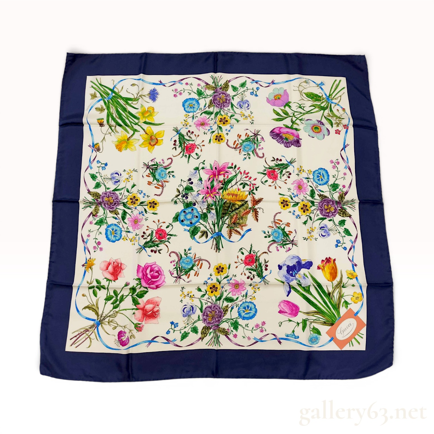Gucci V. Accornero Silk Flora Scarf in Navy and Cream