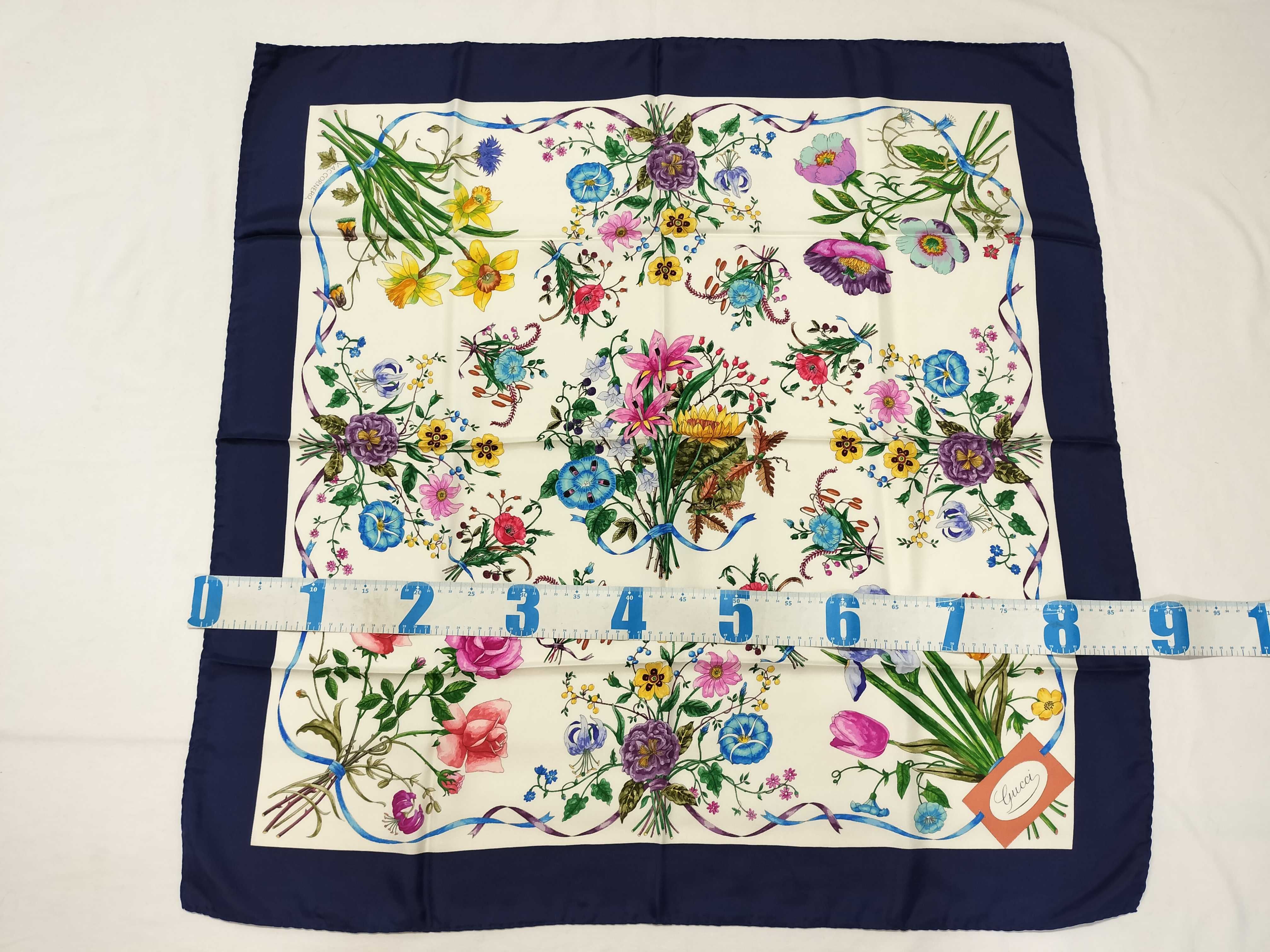 Gucci V. Accornero Silk Flora Scarf in Navy and Cream