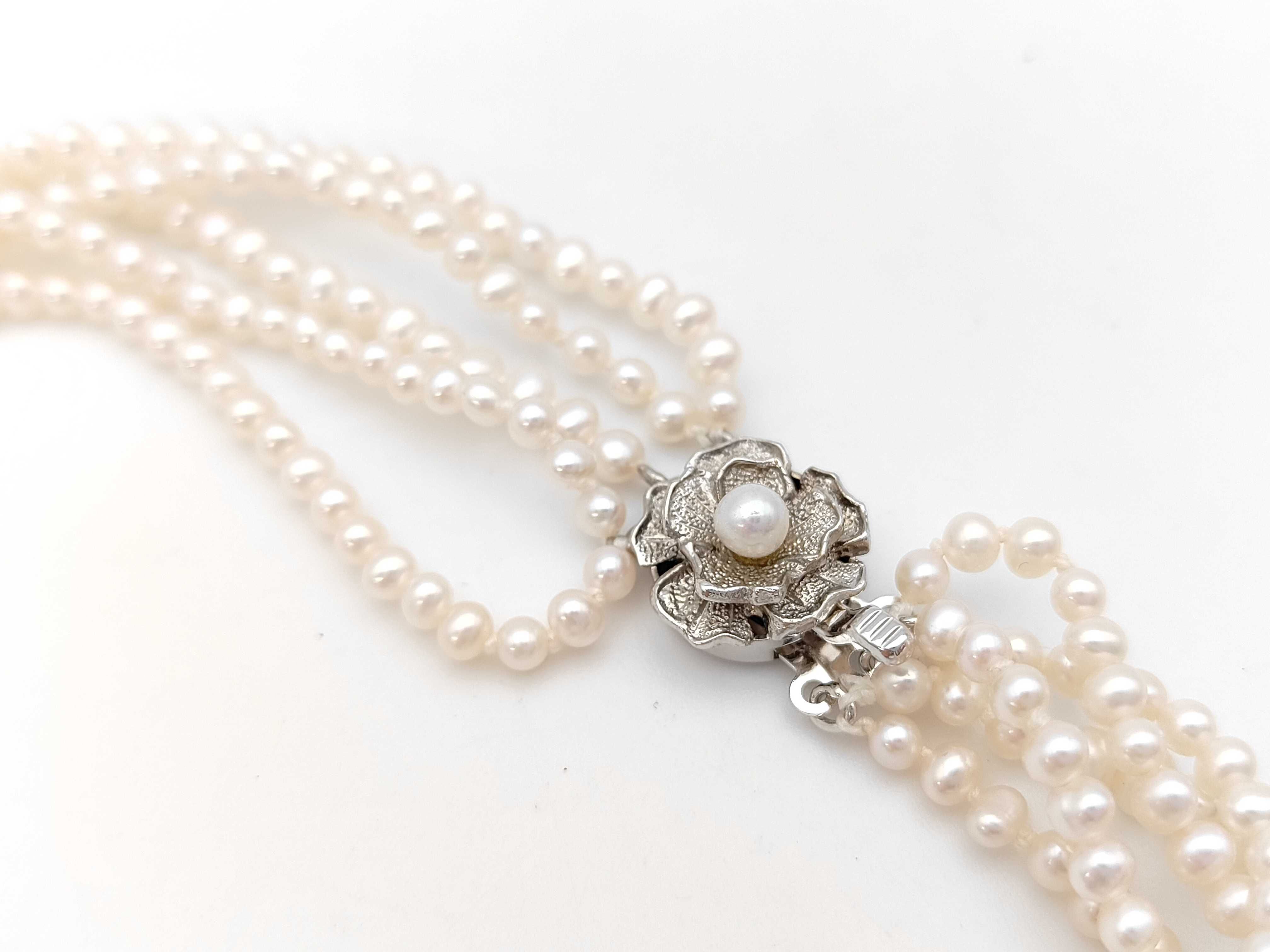 Five-Strand Semi-Round Cultured Pearl Necklace with Floral Silver Clasp