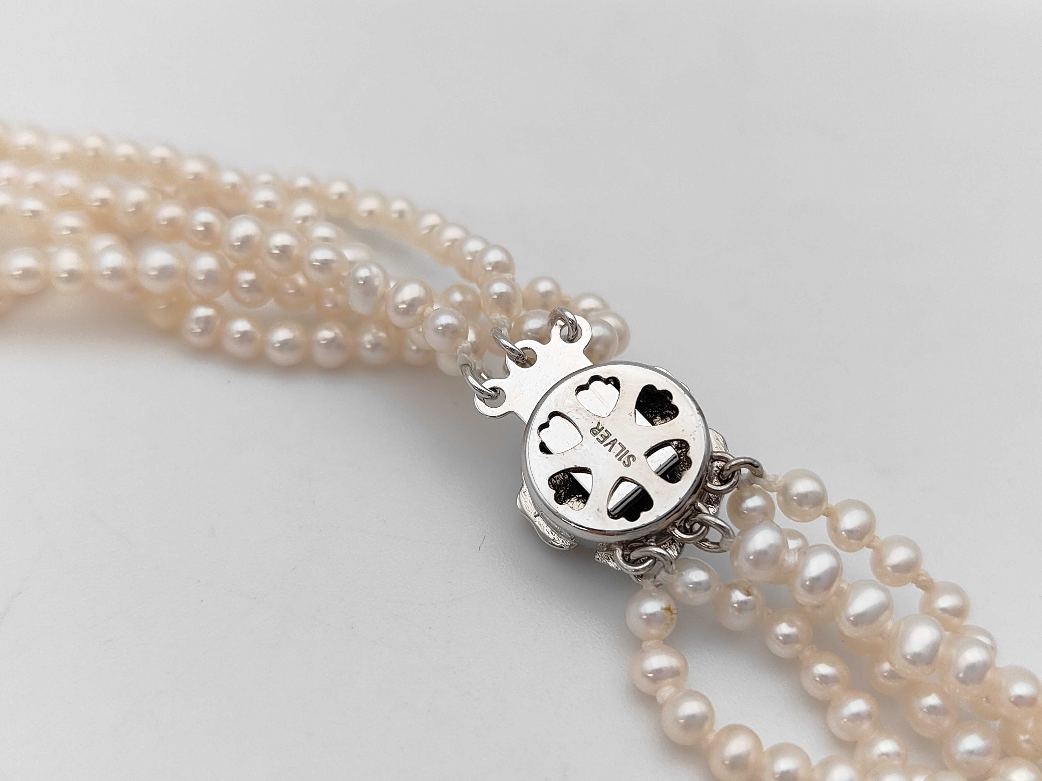Five-Strand Semi-Round Cultured Pearl Necklace with Floral Silver Clasp