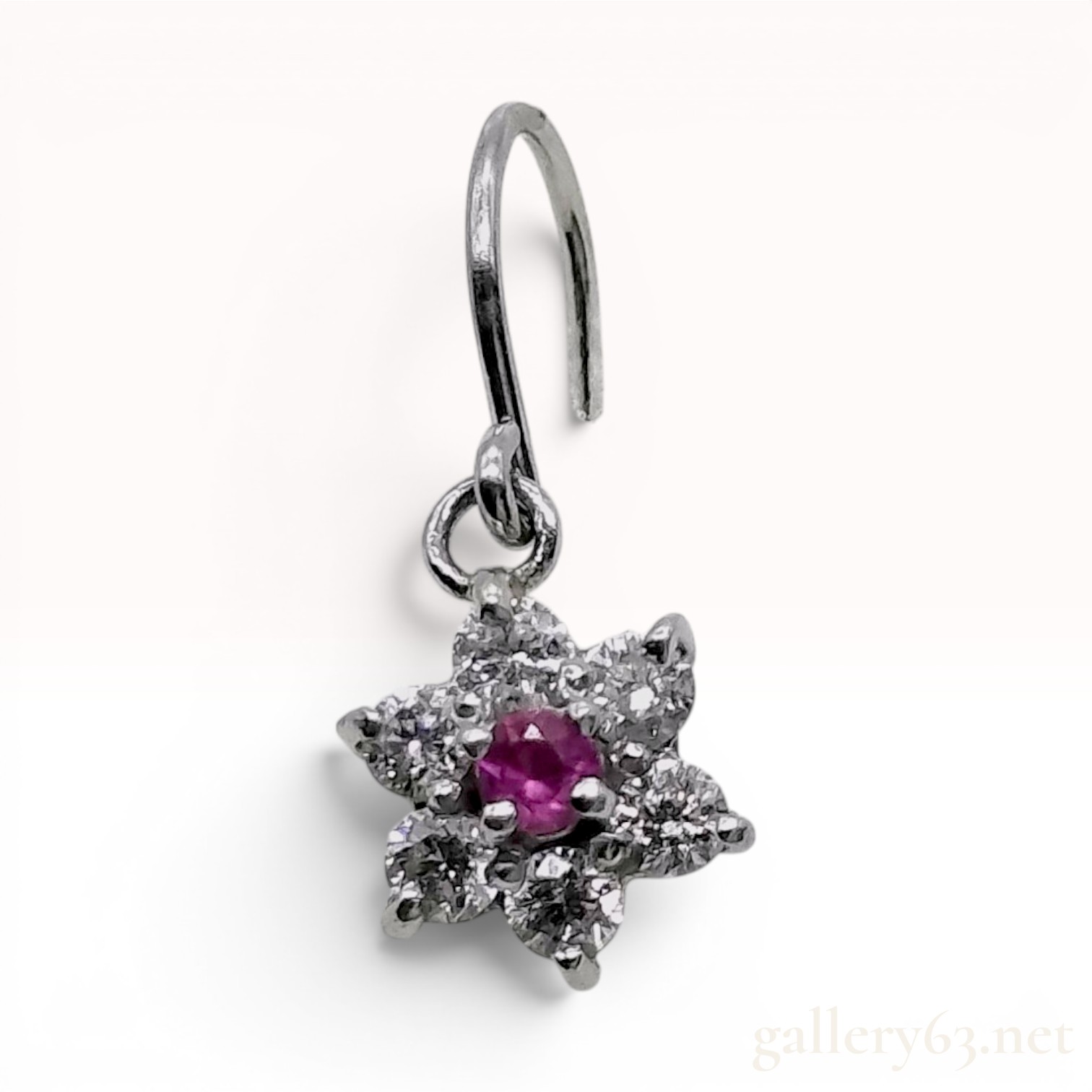 Single Ruby and Diamond Flower Drop Earring in Pt900 and Pt850 Platinum