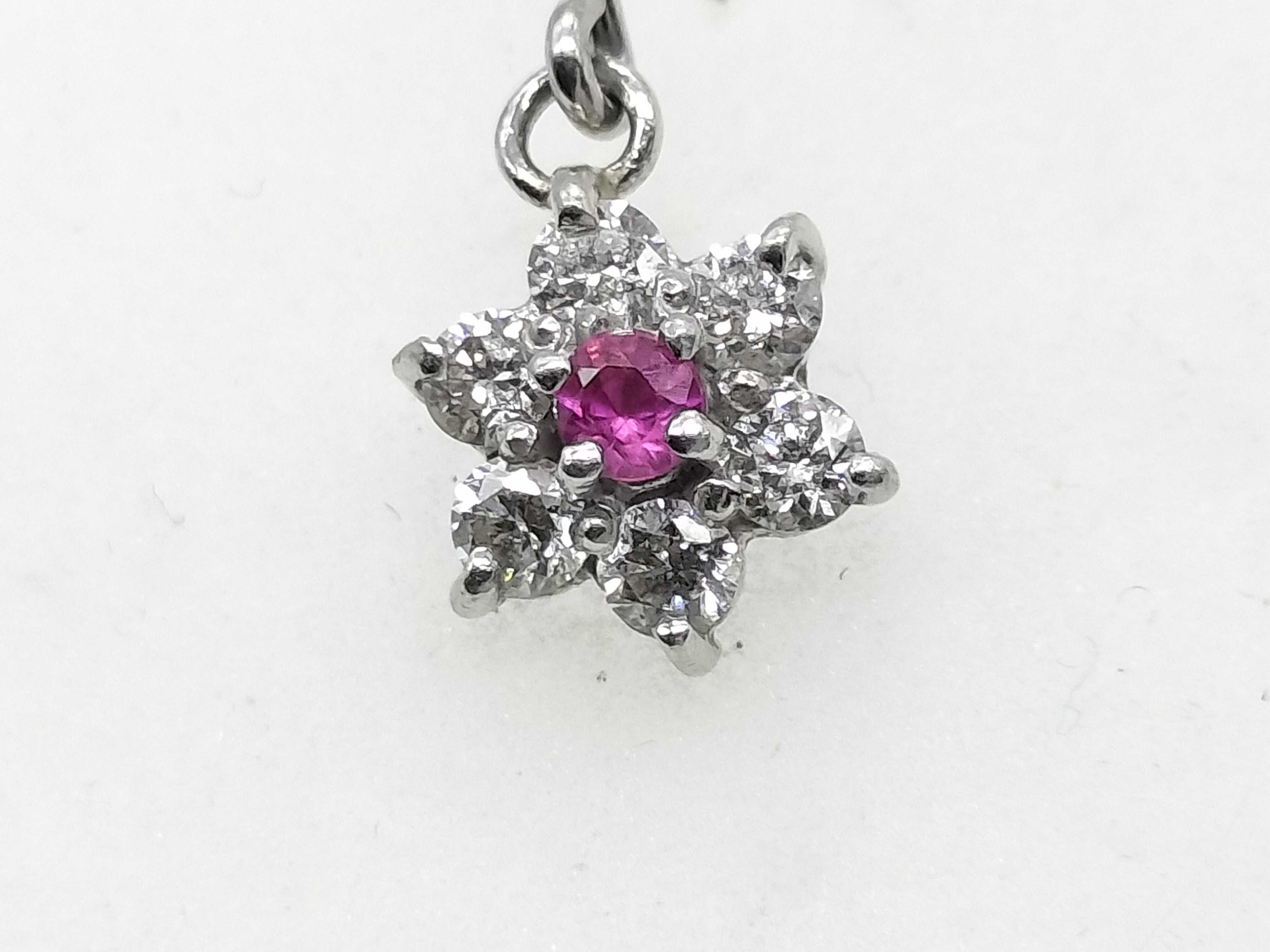 Single Ruby and Diamond Flower Drop Earring in Pt900 and Pt850 Platinum