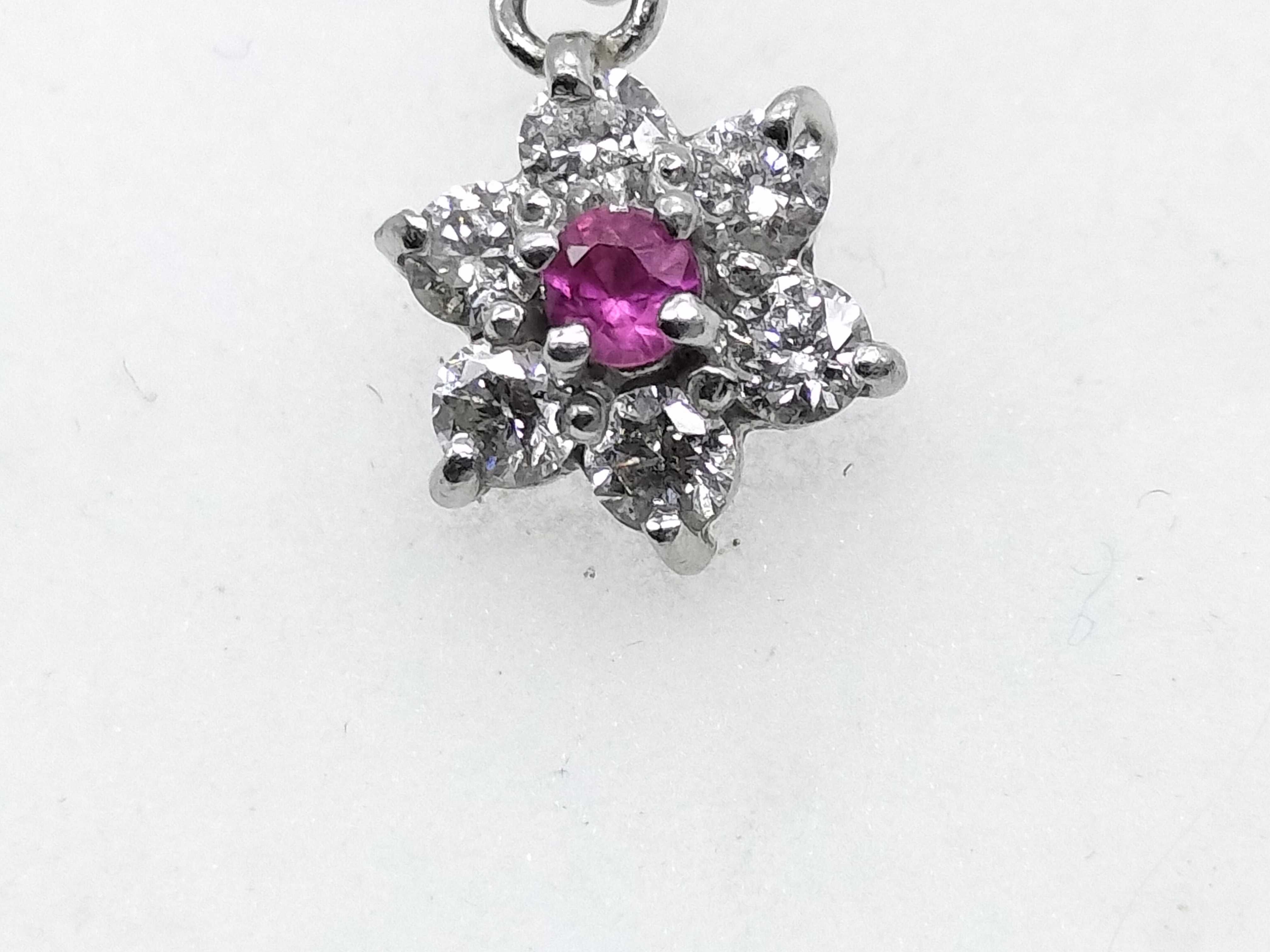 Single Ruby and Diamond Flower Drop Earring in Pt900 and Pt850 Platinum