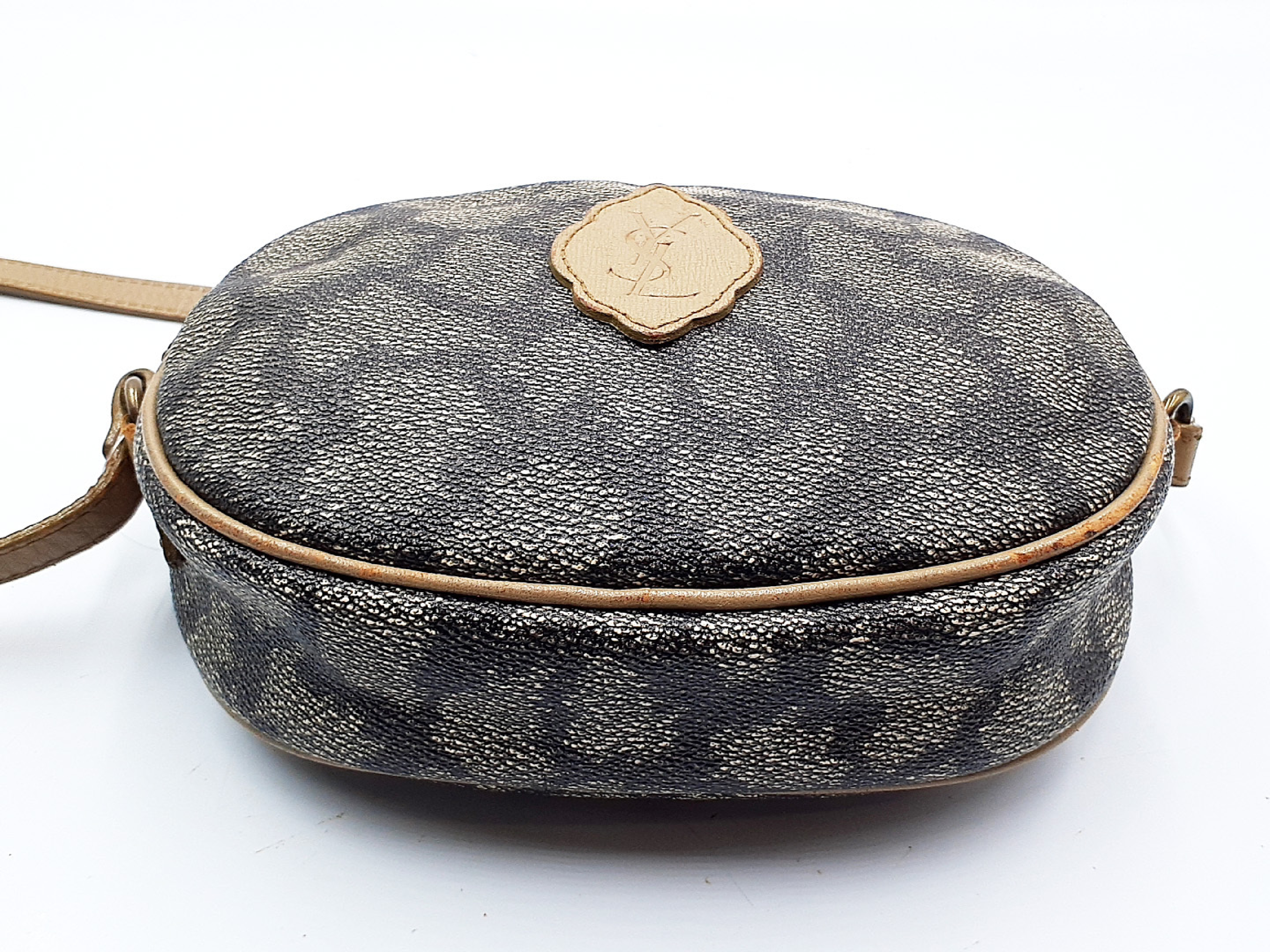 Vintage Yves Saint Laurent Giraffe Print Coated Canvas Oval Crossbody Bag