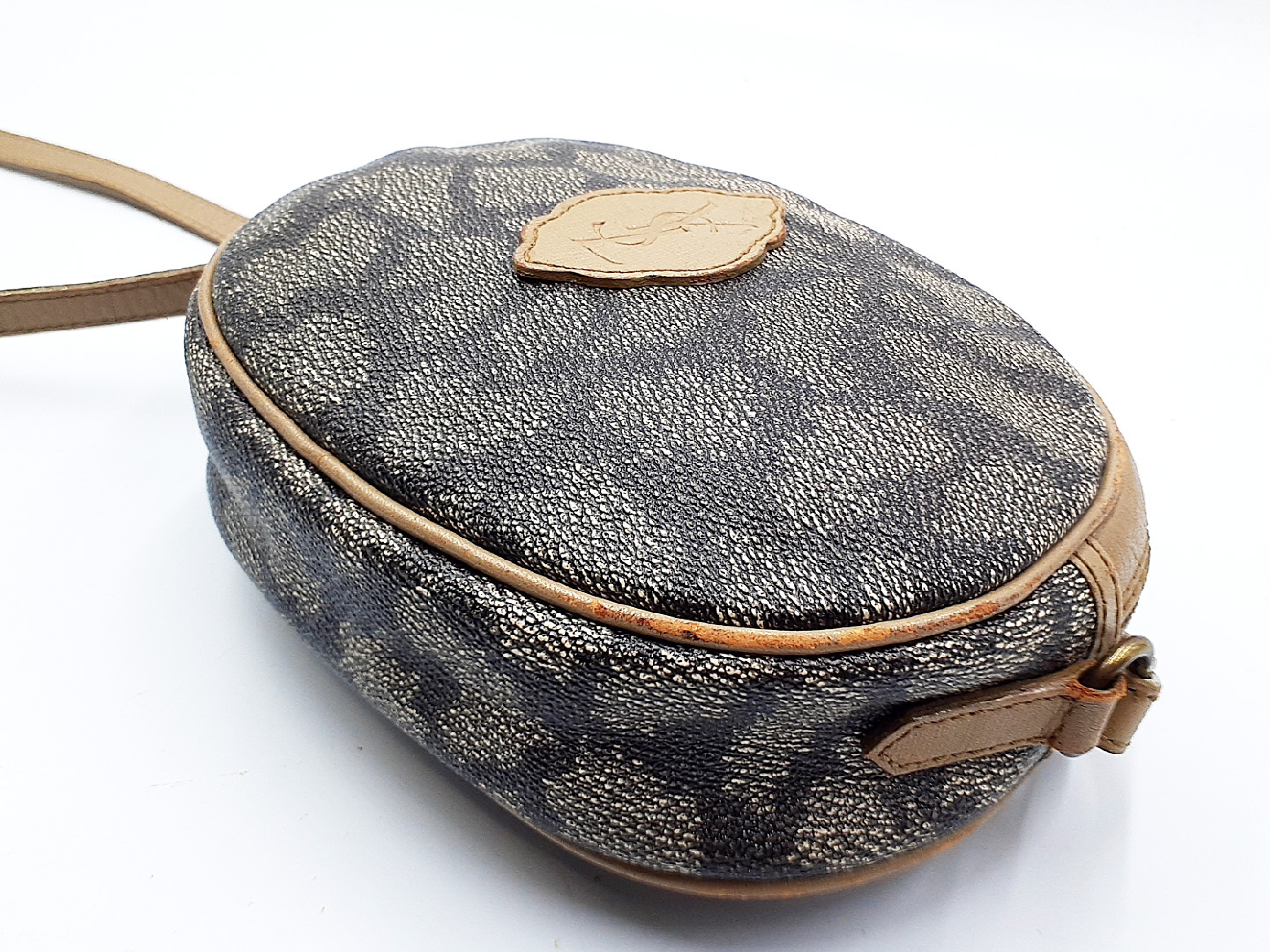 Vintage Yves Saint Laurent Giraffe Print Coated Canvas Oval Crossbody Bag