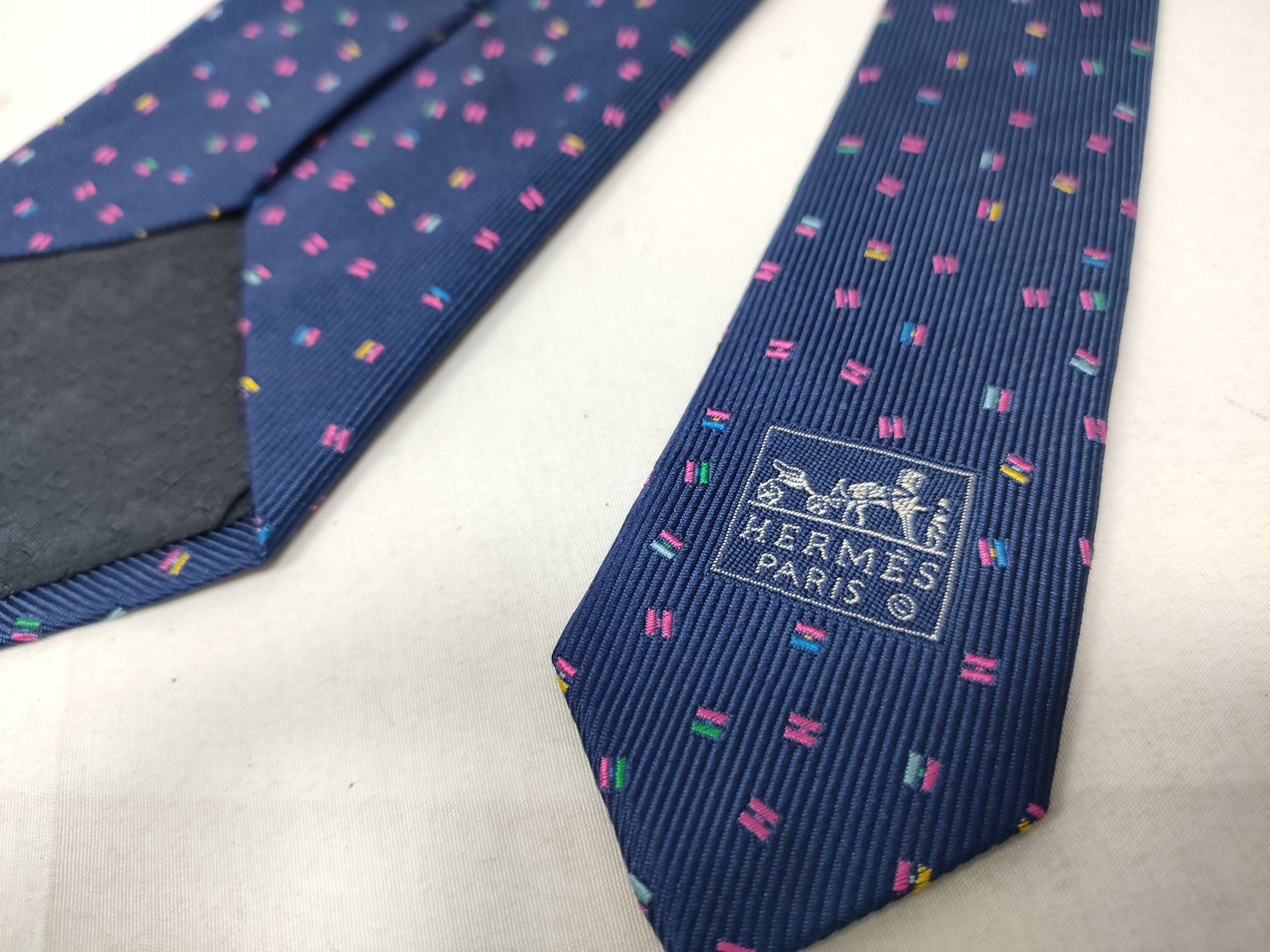 Hermes Navy Blue Mini H Geometric Pattern Silk Necktie