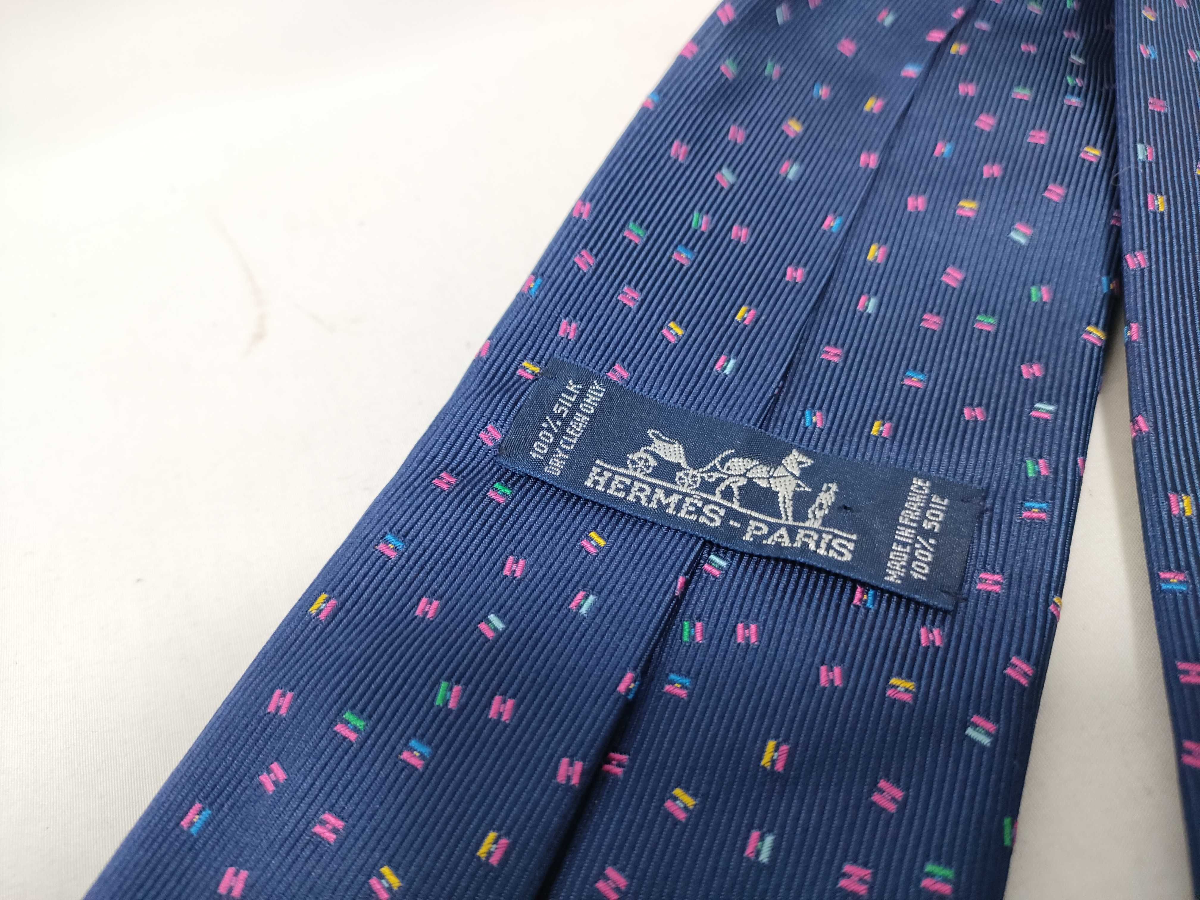 Hermes Navy Blue Mini H Geometric Pattern Silk Necktie