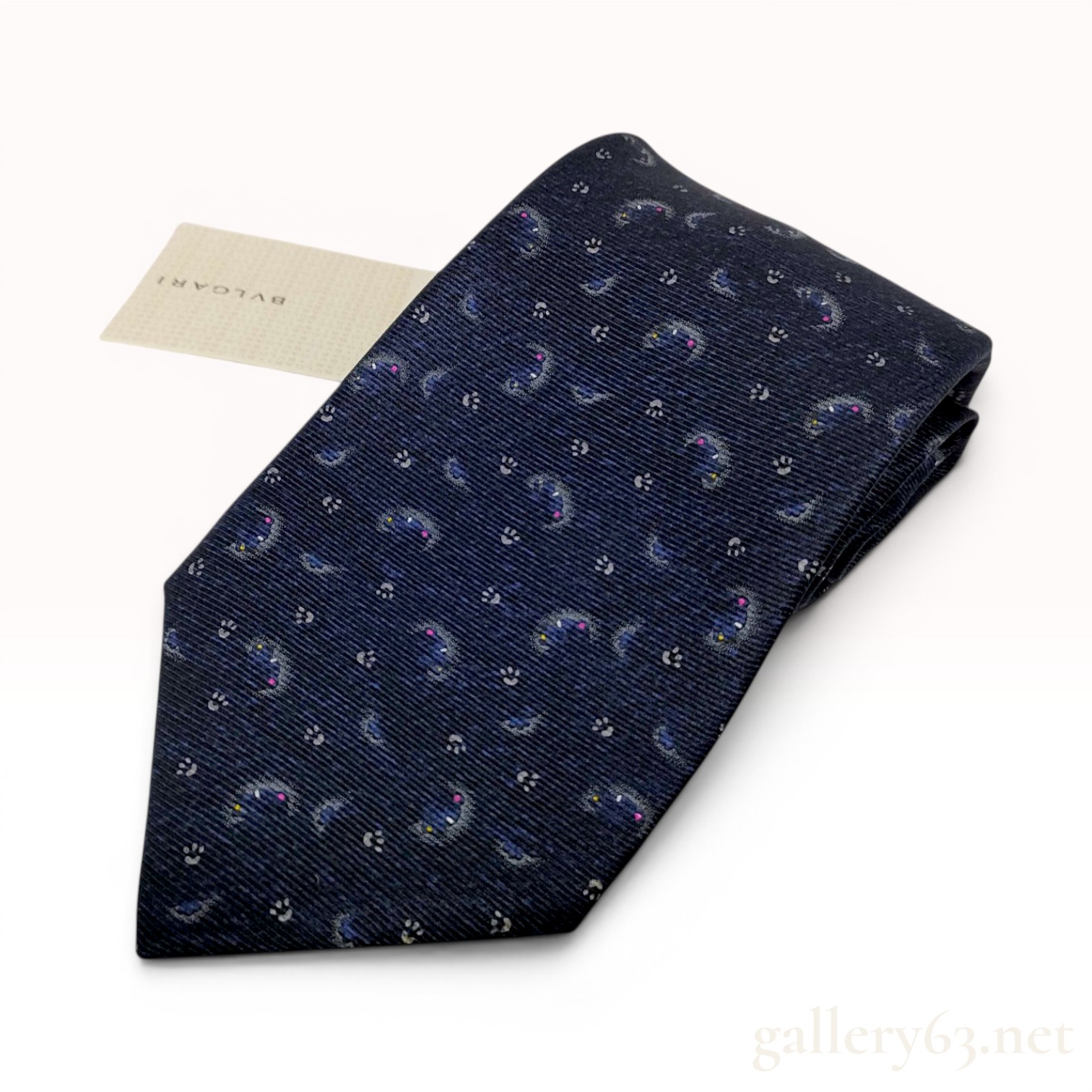 Davide Pizzigoni for Bulgari Italian Silk Necktie with Whimsical Cat Motif