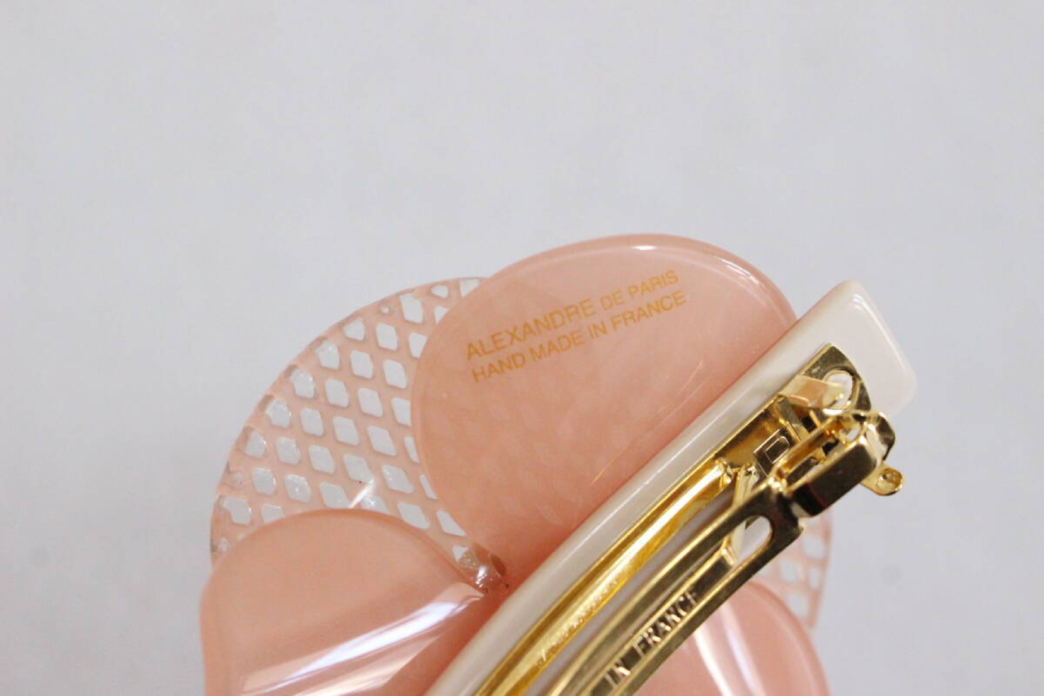 Alexandre de Paris Camellia Lattice Floral Hair Barrette in Peach Pink