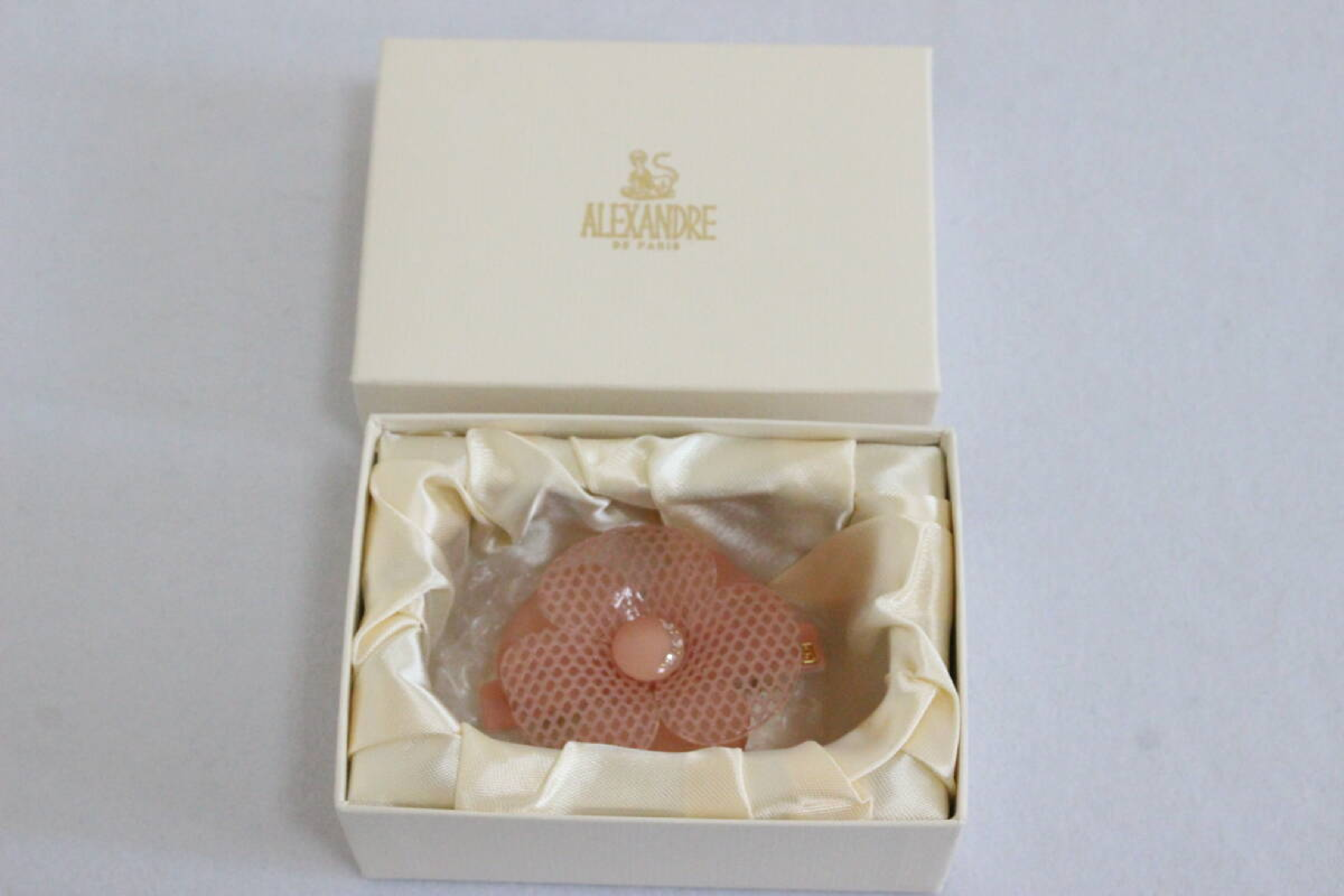 Alexandre de Paris Camellia Lattice Floral Hair Barrette in Peach Pink